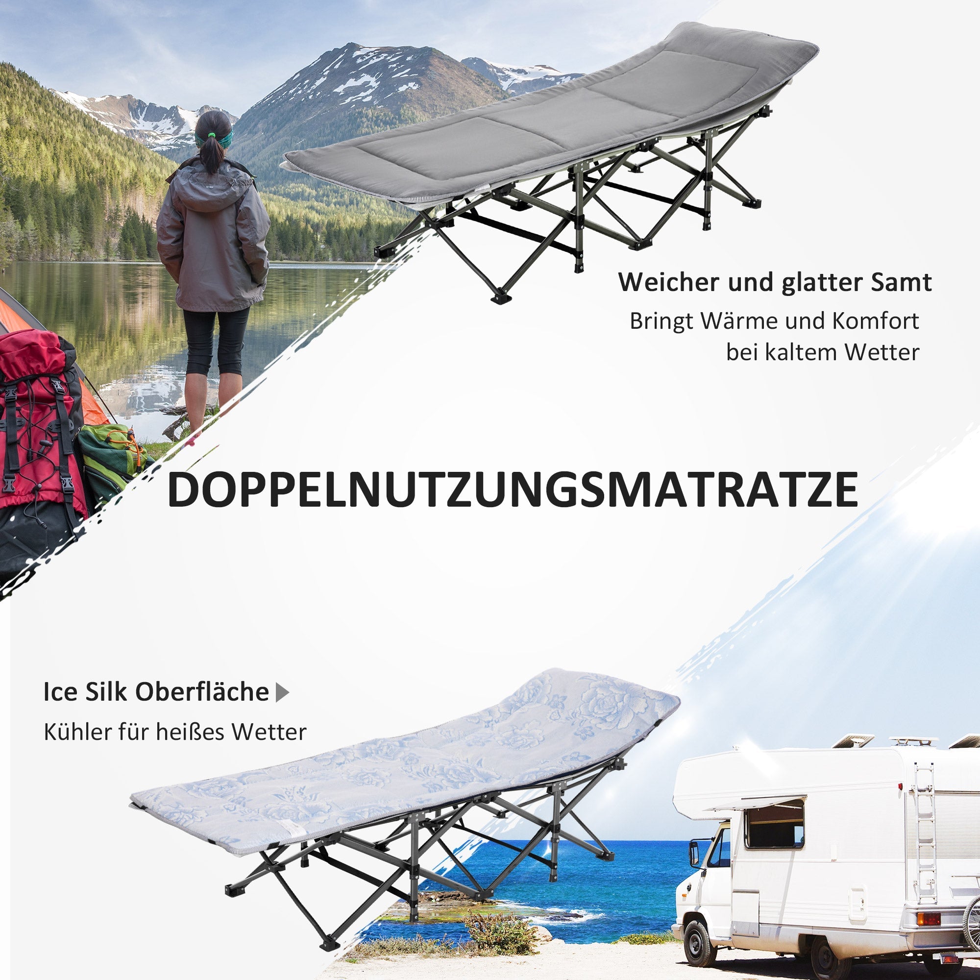 Logidon opklapbaar campingbedje met kussen lichtgrijs 188x64x53 cm