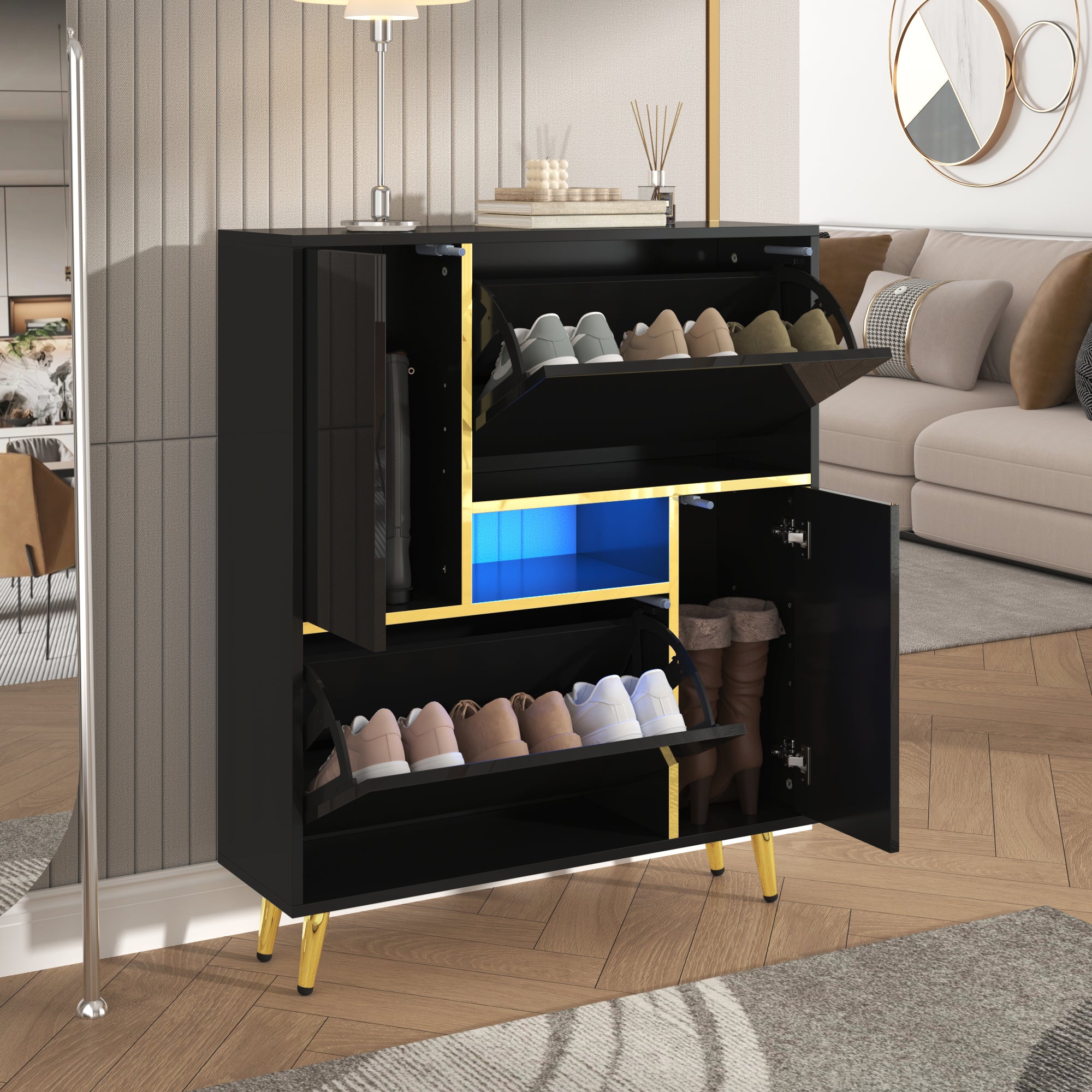 Logidon Moderne Schoenenkast Zwart Hoogglans LED 80x25x96 cm