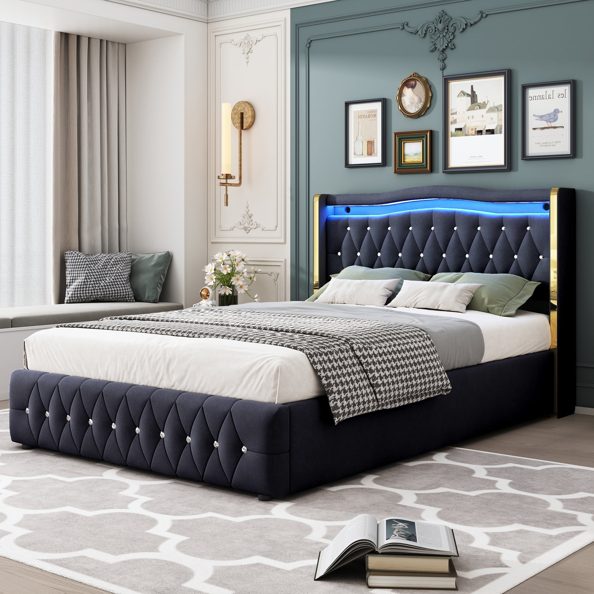 Logidon gestoffeerd bed 140x200 cm Velvet Black LED-verlichting
