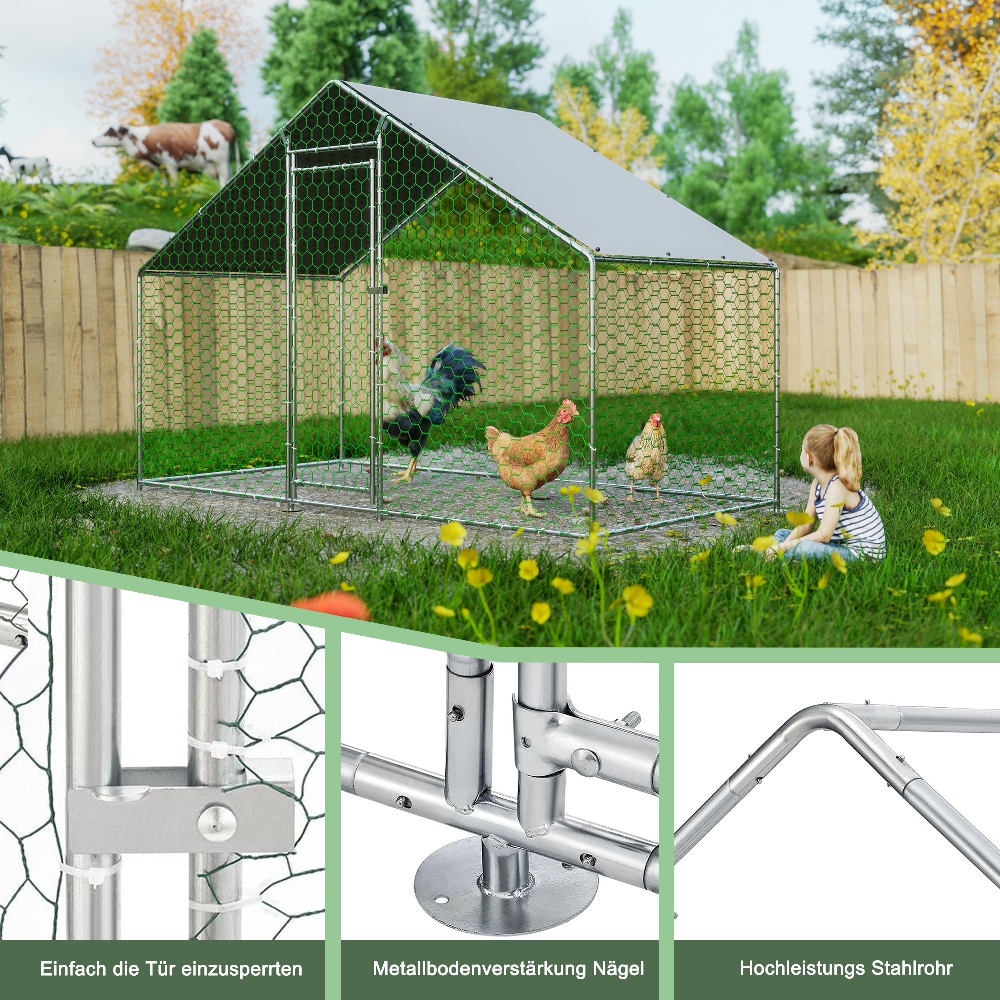 Logidon kippenhok buitenverblijf 3x1,5x2 m zilverkleurig metalen slot