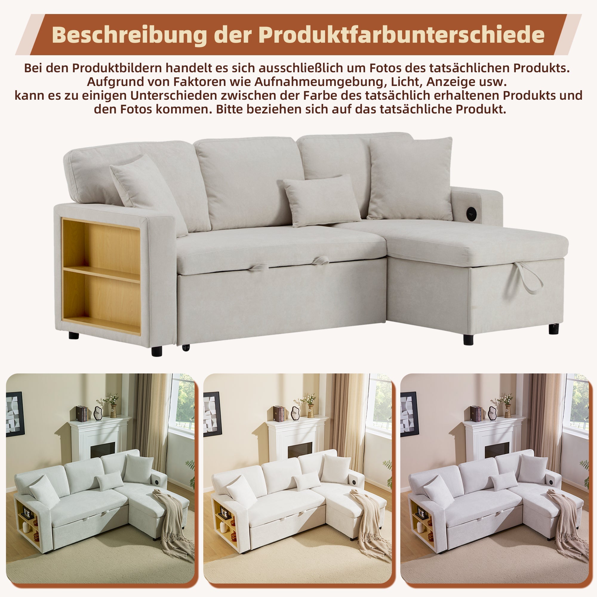 Logidon corner sofa bed L-shape extendable beige with bed box shelf