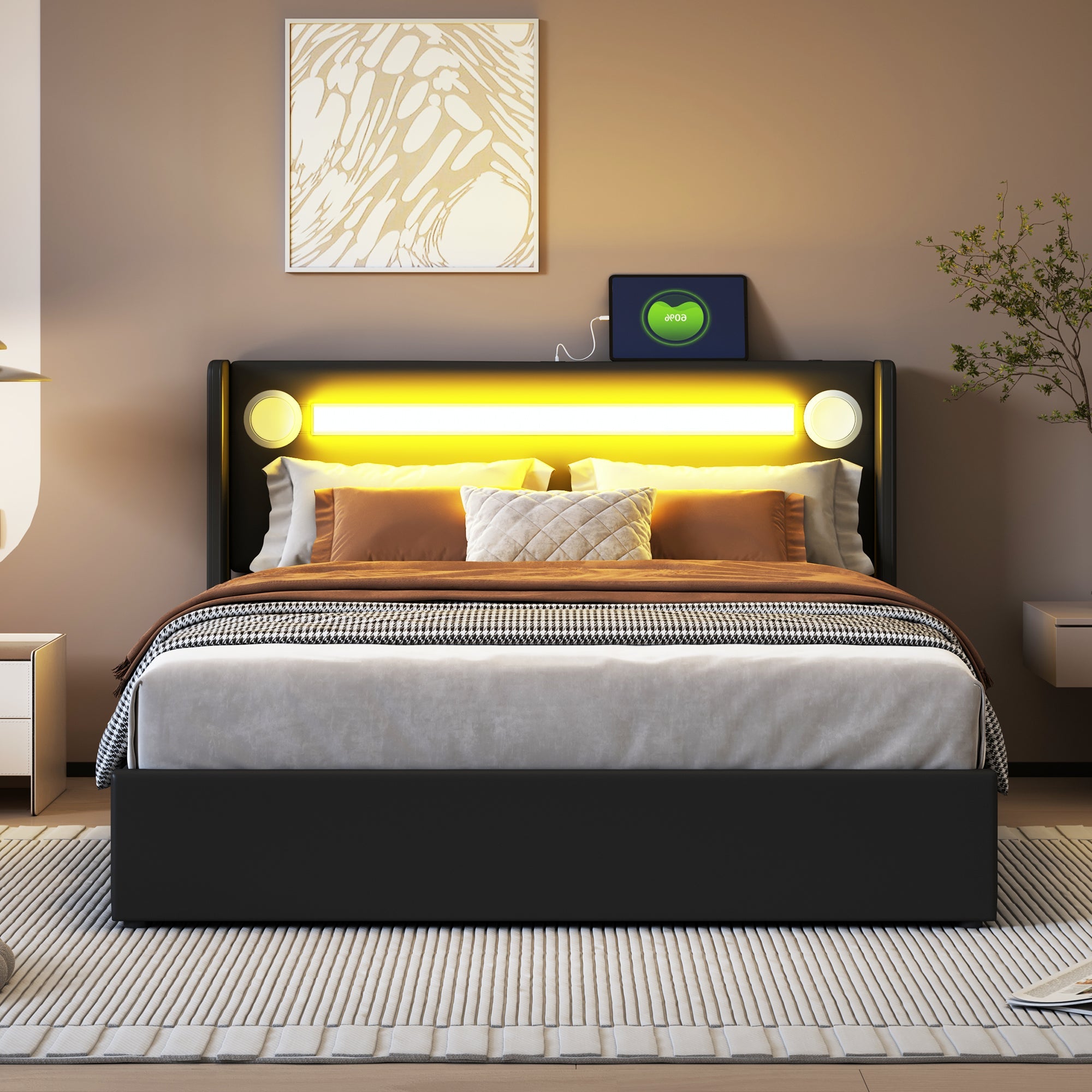 Logidon gestoffeerd bed 140x200 zwart met LED lichtstrip Bluetooth en USB