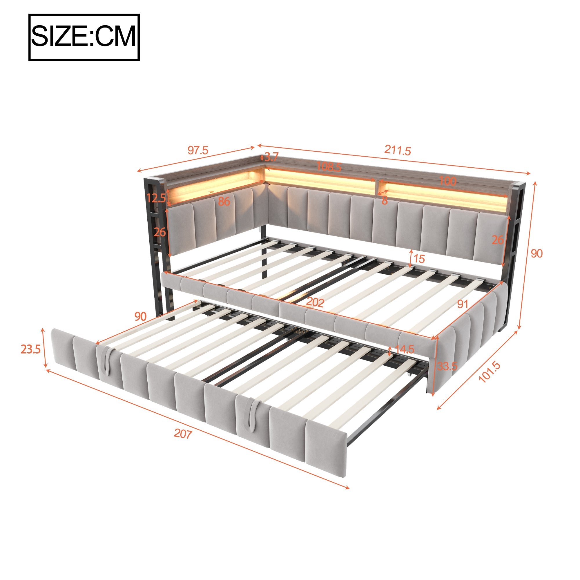Logidon slaapbank gestoffeerd bed 90x200cm lichtgrijs uitschuifbaar LED USB