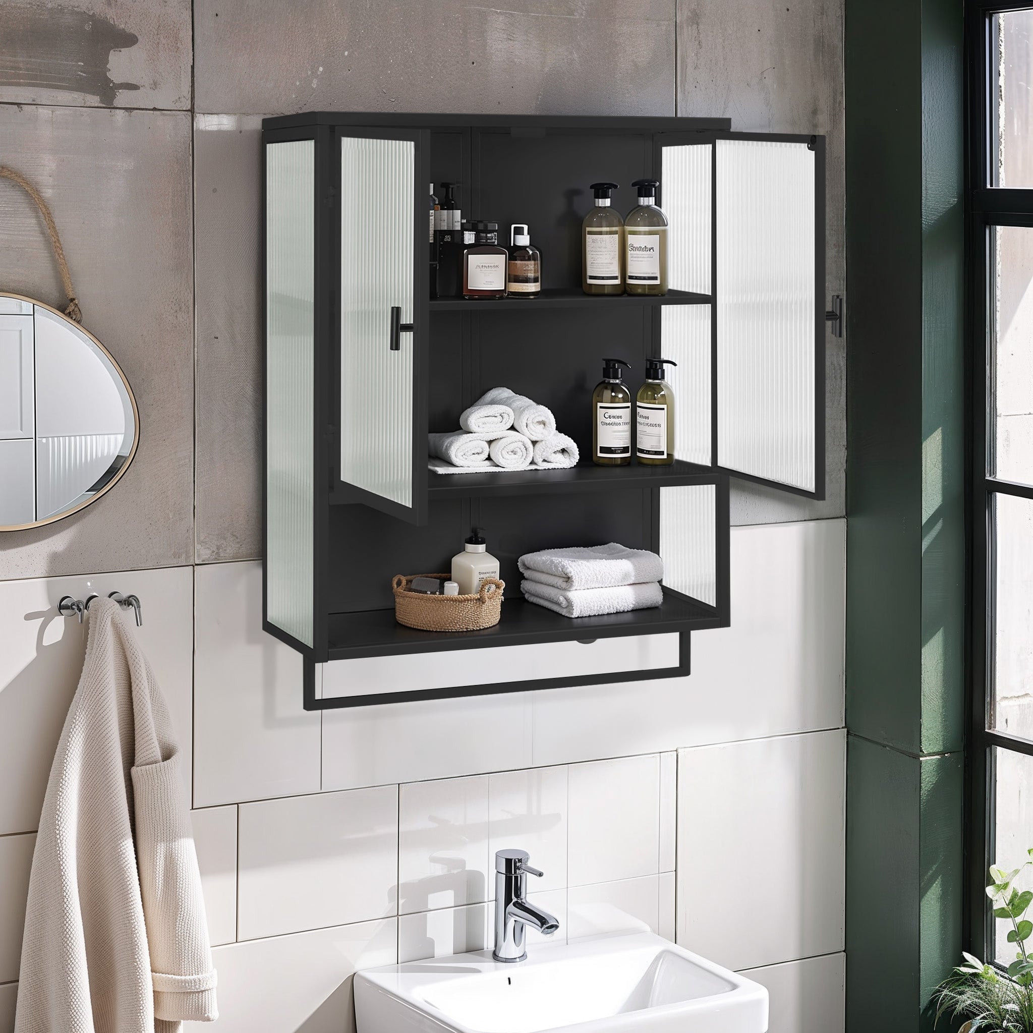 Logidon wandvitrinekast 60 cm glazen deuren tweedeurs met plank zwart