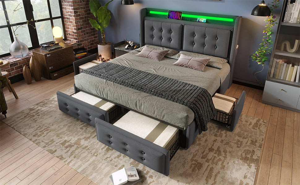 Logidon gestoffeerd bed 140x200 LED-hoofdeinde, USB-C, 4 laden, grijs