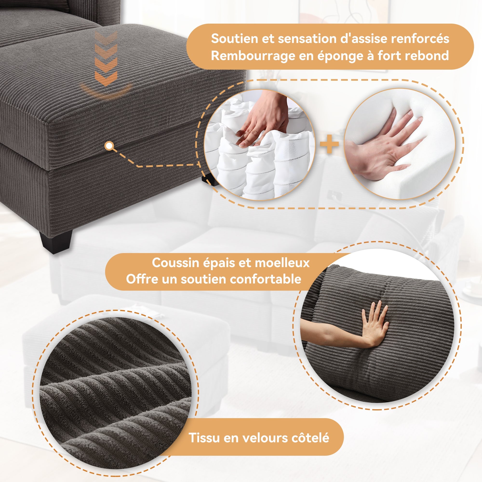 Logidon L-vorm Hoekbank Donkergrijs Corduroy Met USB-oplader