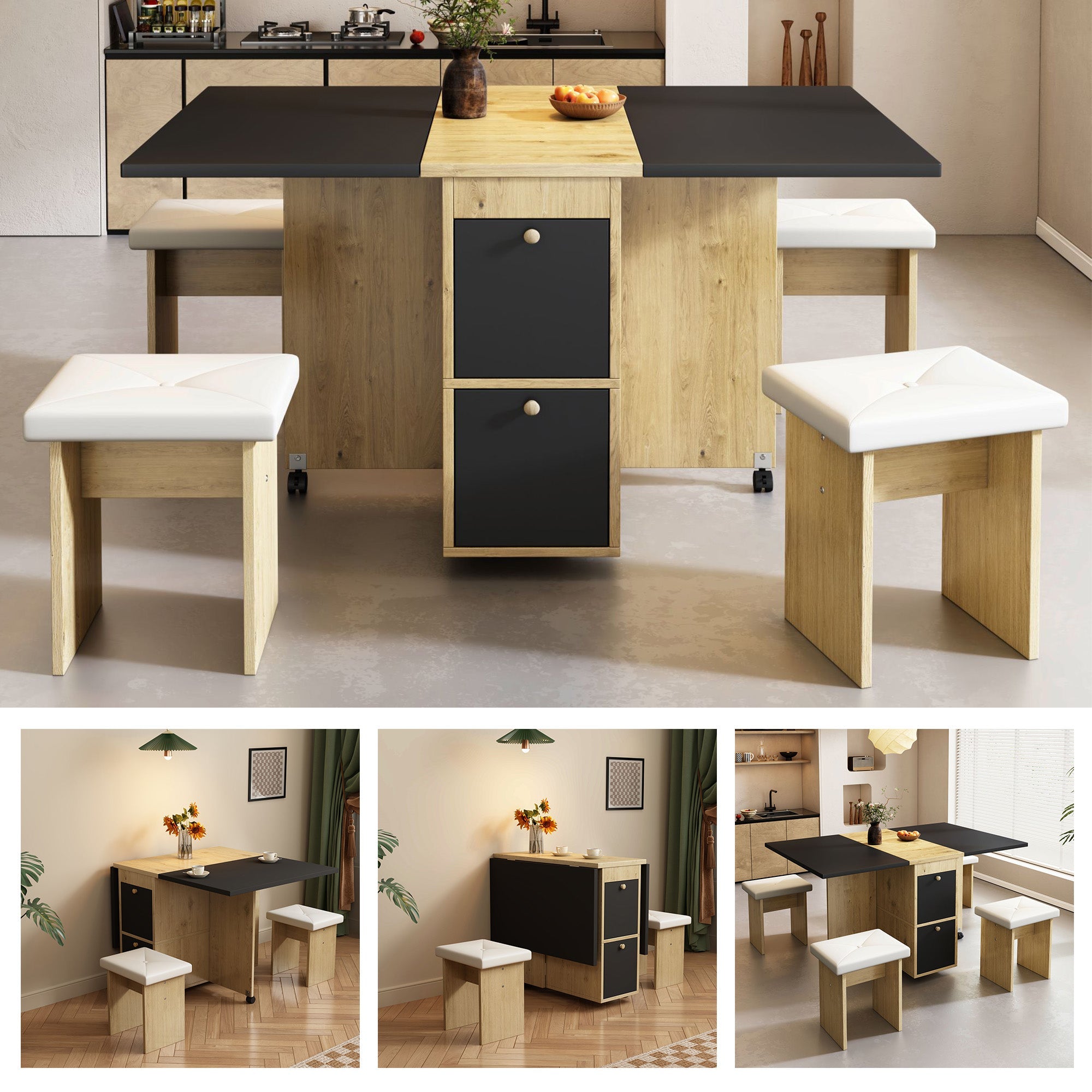 Logidon Eettafelset Wit Eiken Zwart Uitschuifbare Tafel 4 Stoelen