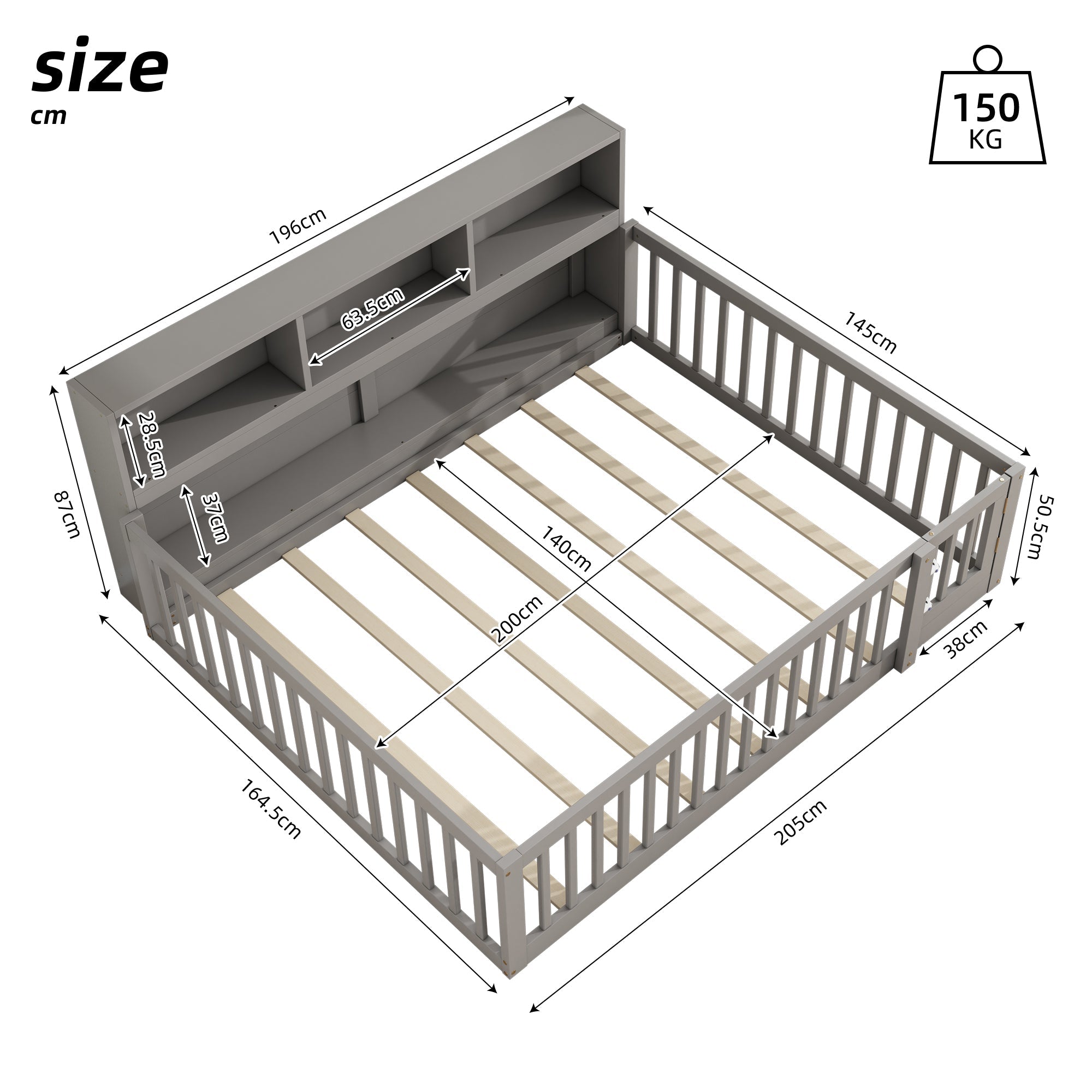 Logidon Daybed 140x200 grijze slaapbank met opbergvak en lattenbodem