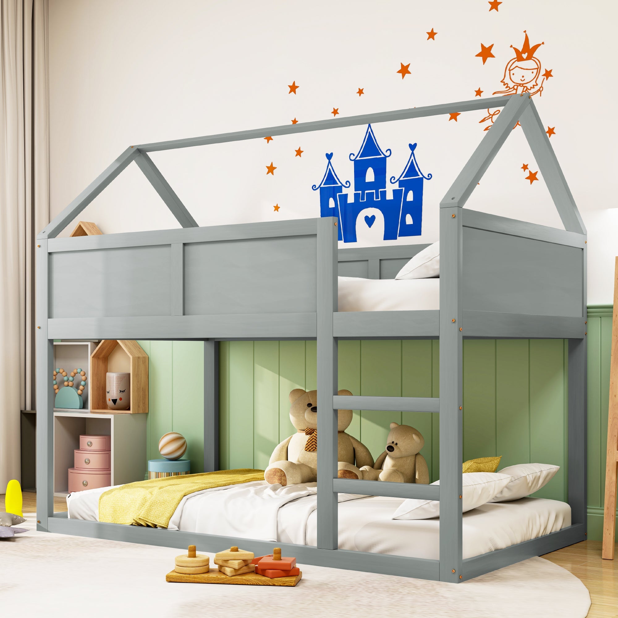 Logidon laag kinderbed 90x200 grijs met trap massief hout