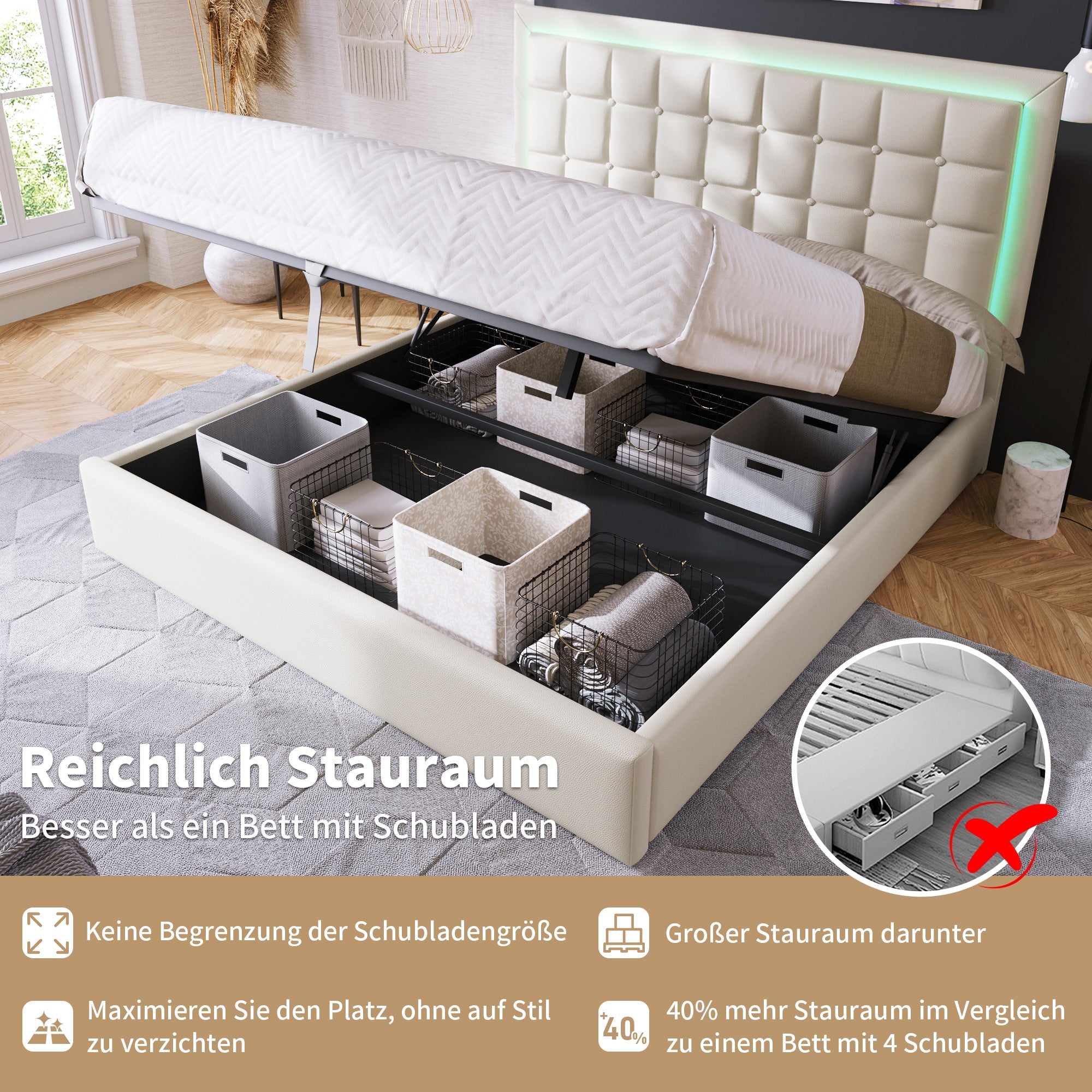 Logidon gestoffeerd bed 140x200 wit met opbergruimte en LED-verlichting
