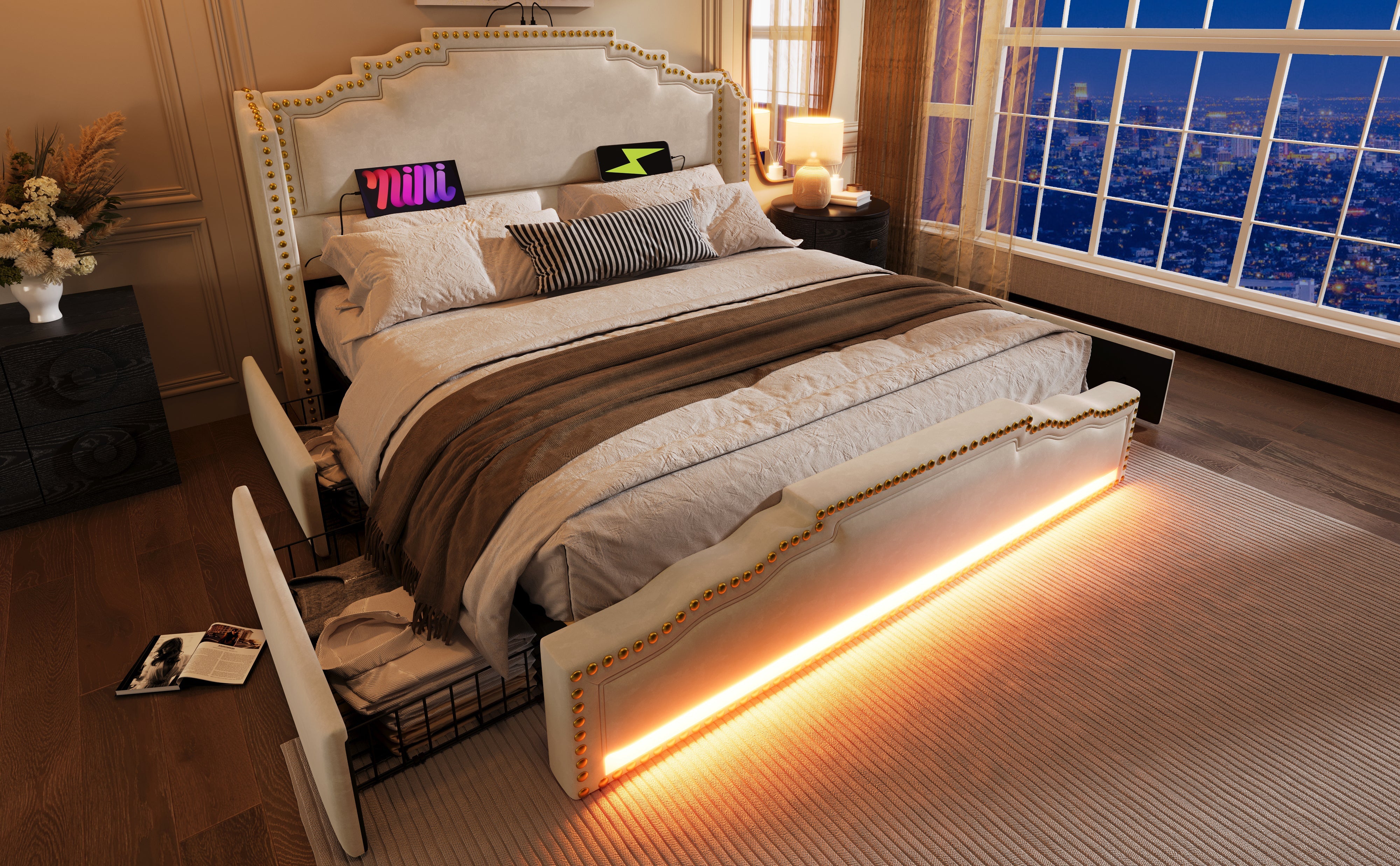 Logidon gestoffeerd bed 140x200 beige LED USB C 4 lades met matras