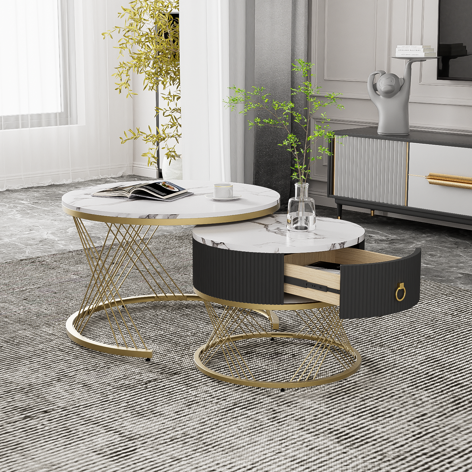 Logidon elegante modulaire salontafelset marmerlook witgoud decor set van 2