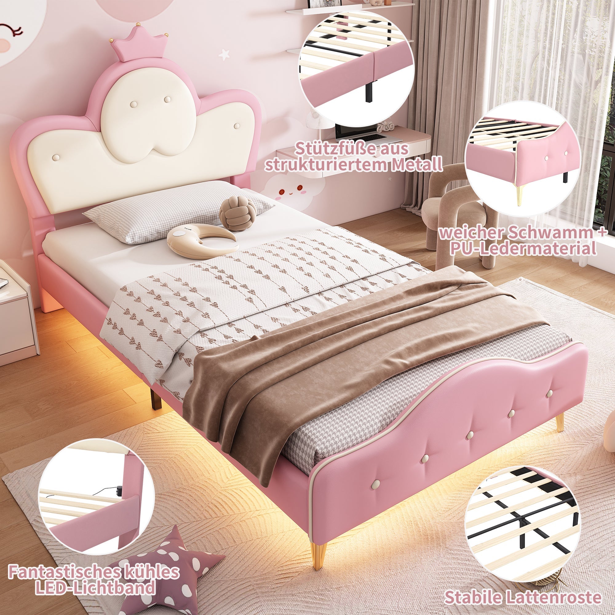 Logidon gestoffeerd bed kinderbed roze wit 90x200 met kroonhoofdbord