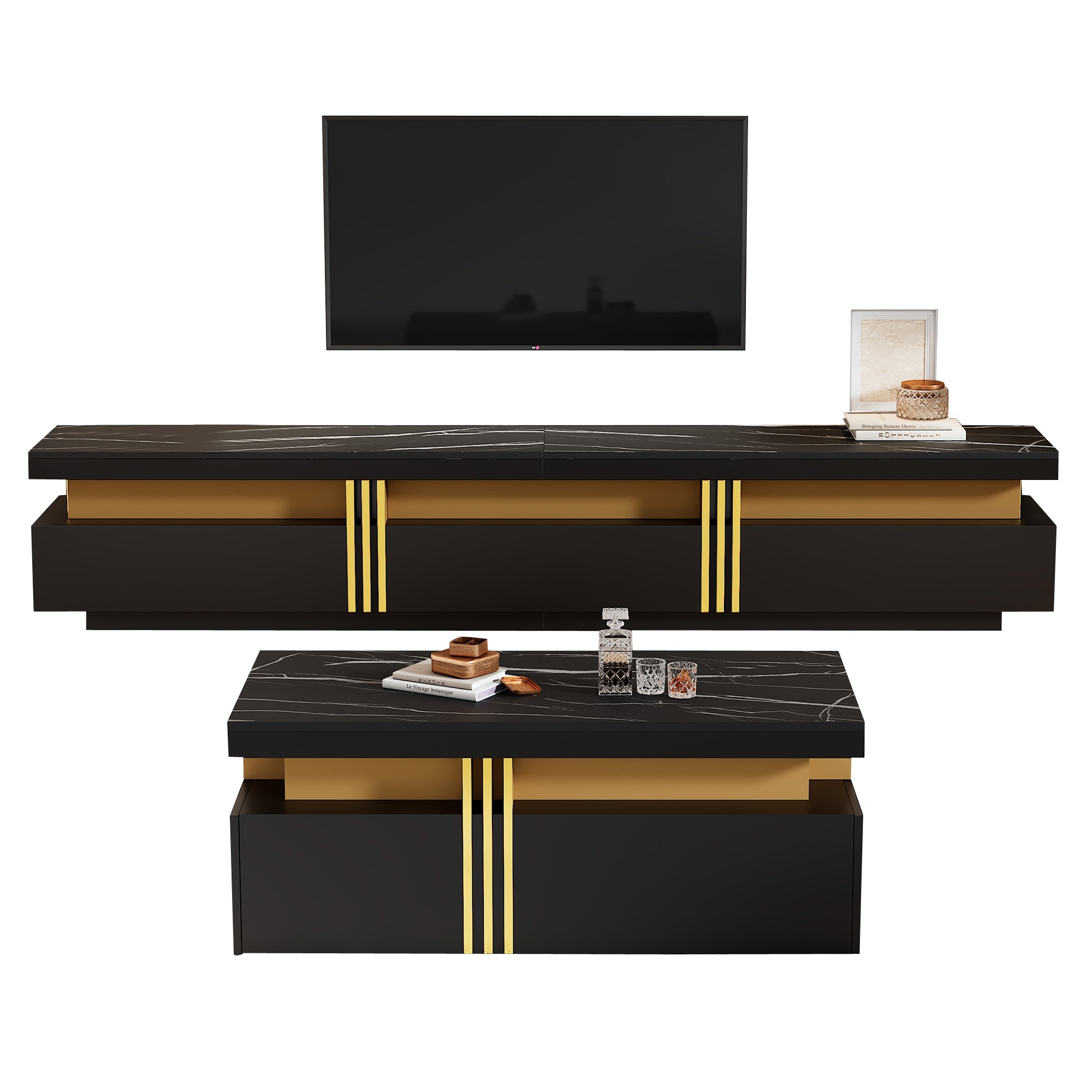 Logidon Zwarte tv-wandmeubelset 2 tv-kast salontafel marmerlook