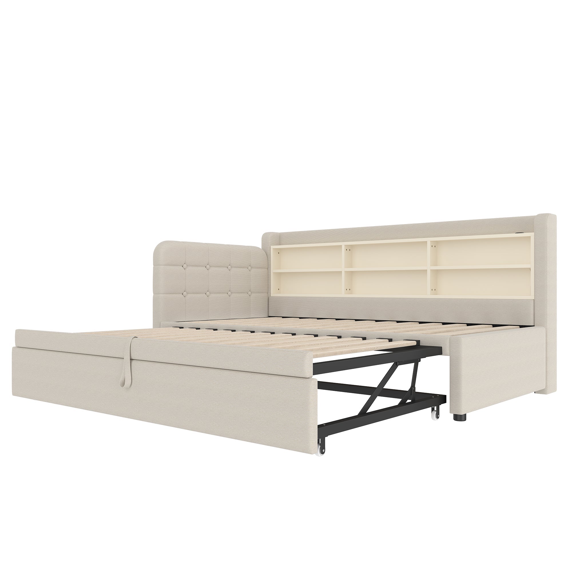 Logidon Daybed 90x200 beige linnen uitschuifbare slaapbank USB Type C