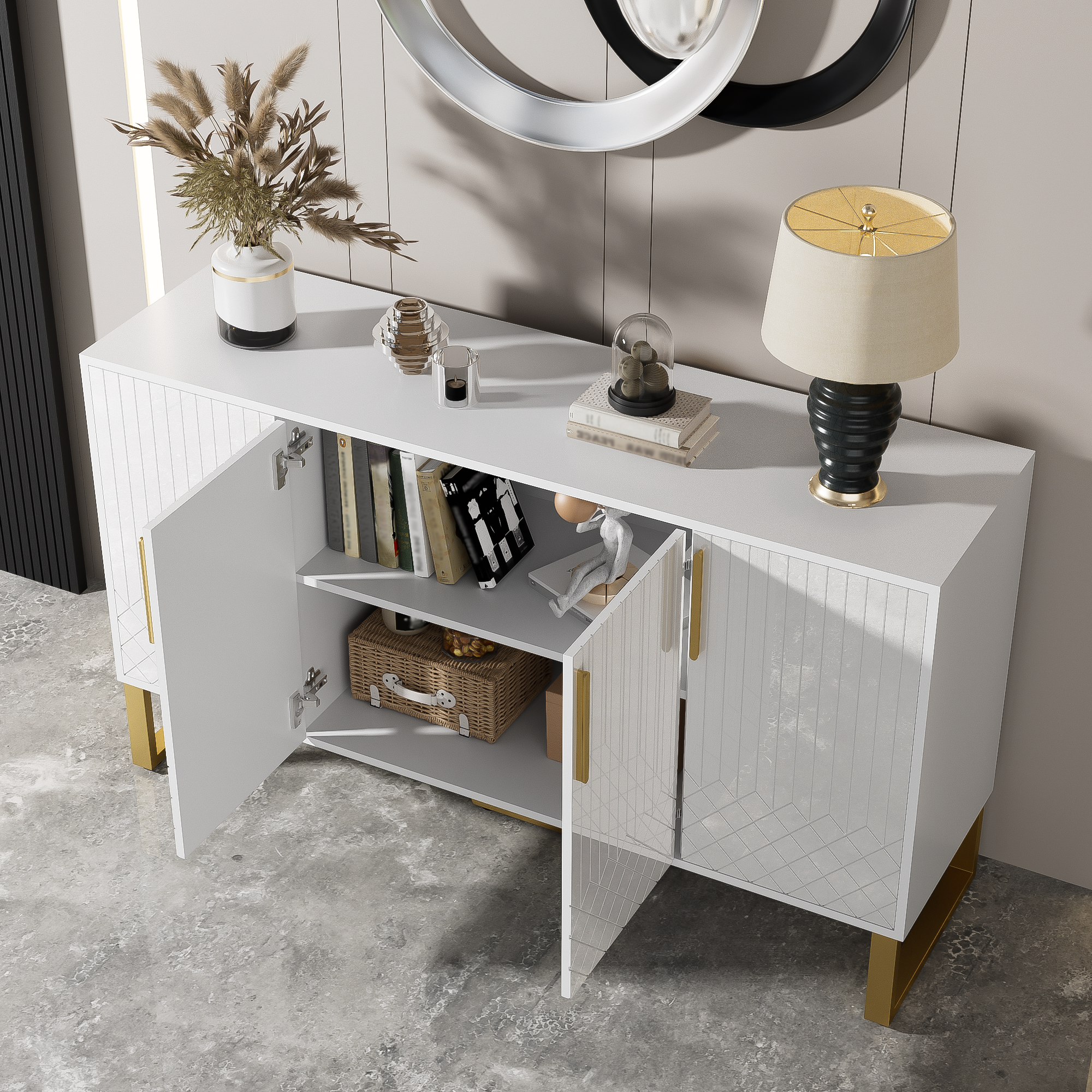 Logidon hoogglans dressoir wit 4 deuren geometrisch ontwerp 140x40x80