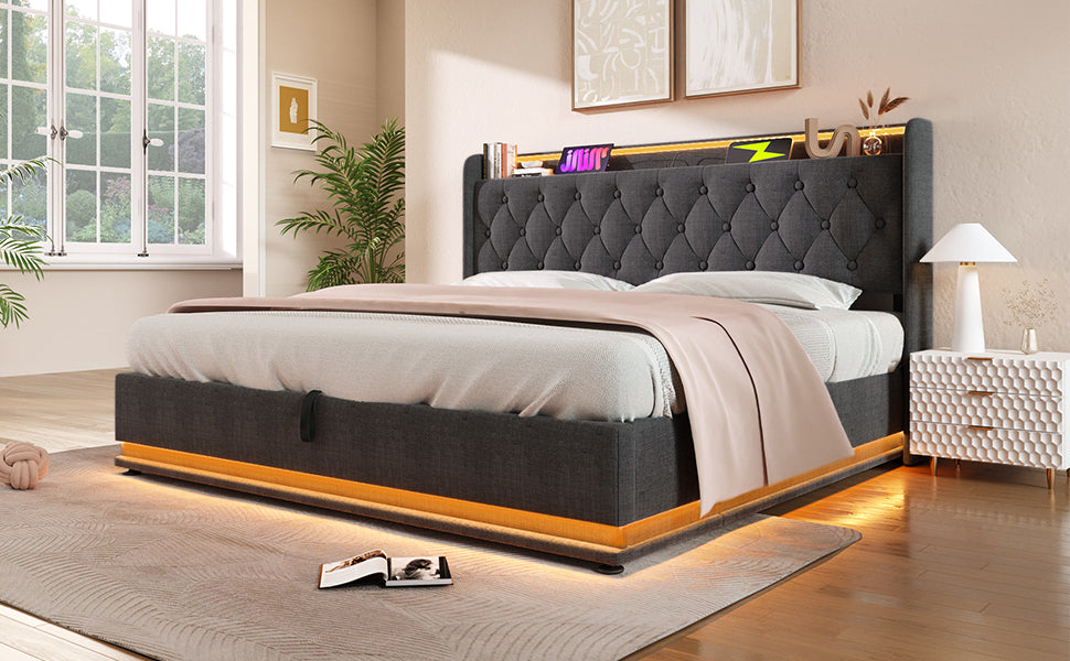 Logidon gestoffeerd bed tweepersoonsbed 180x200 cm grijs linnen LED-verlichting USB C