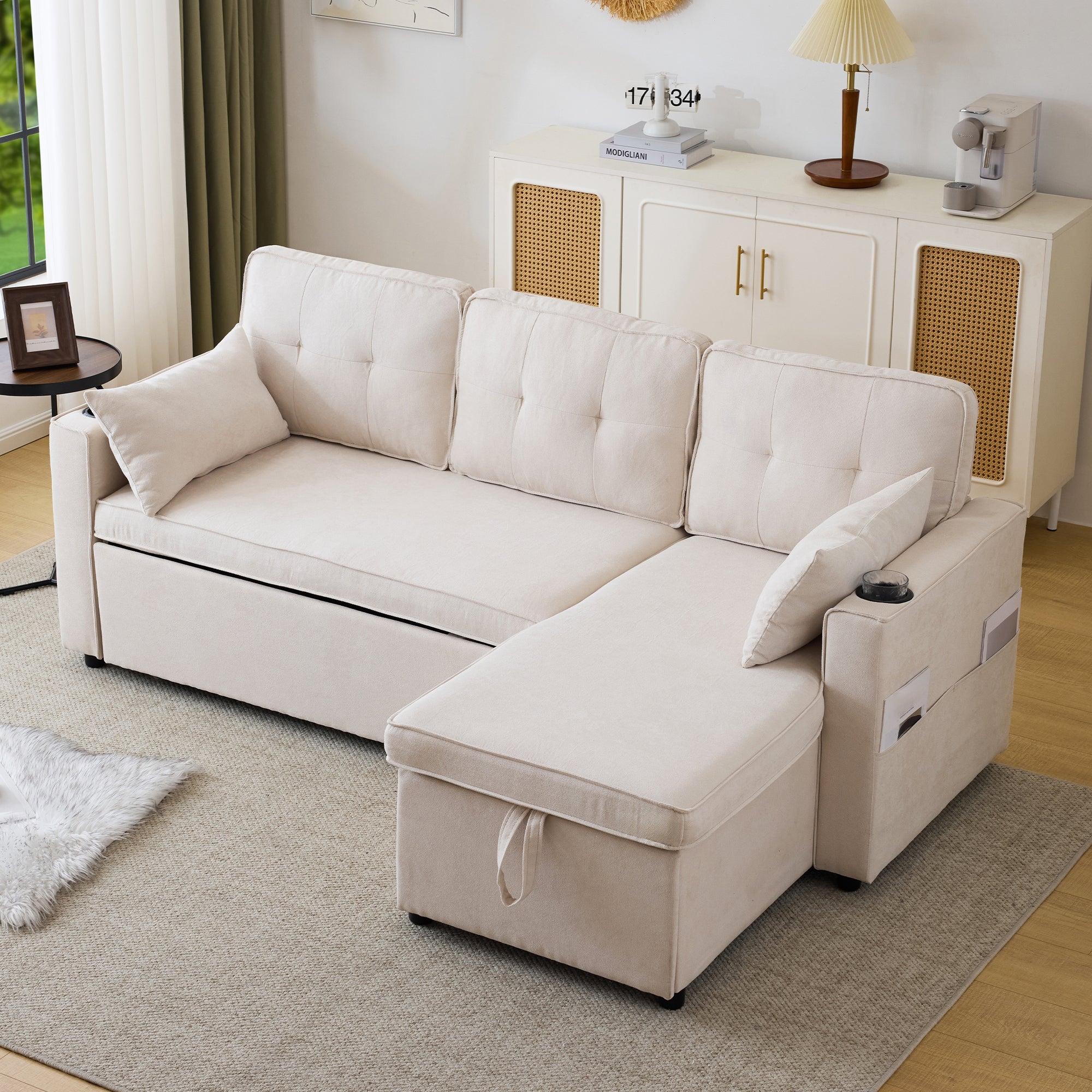 Logidon slaapbank L-vorm beige stof met opbergruimte en bekerhouder