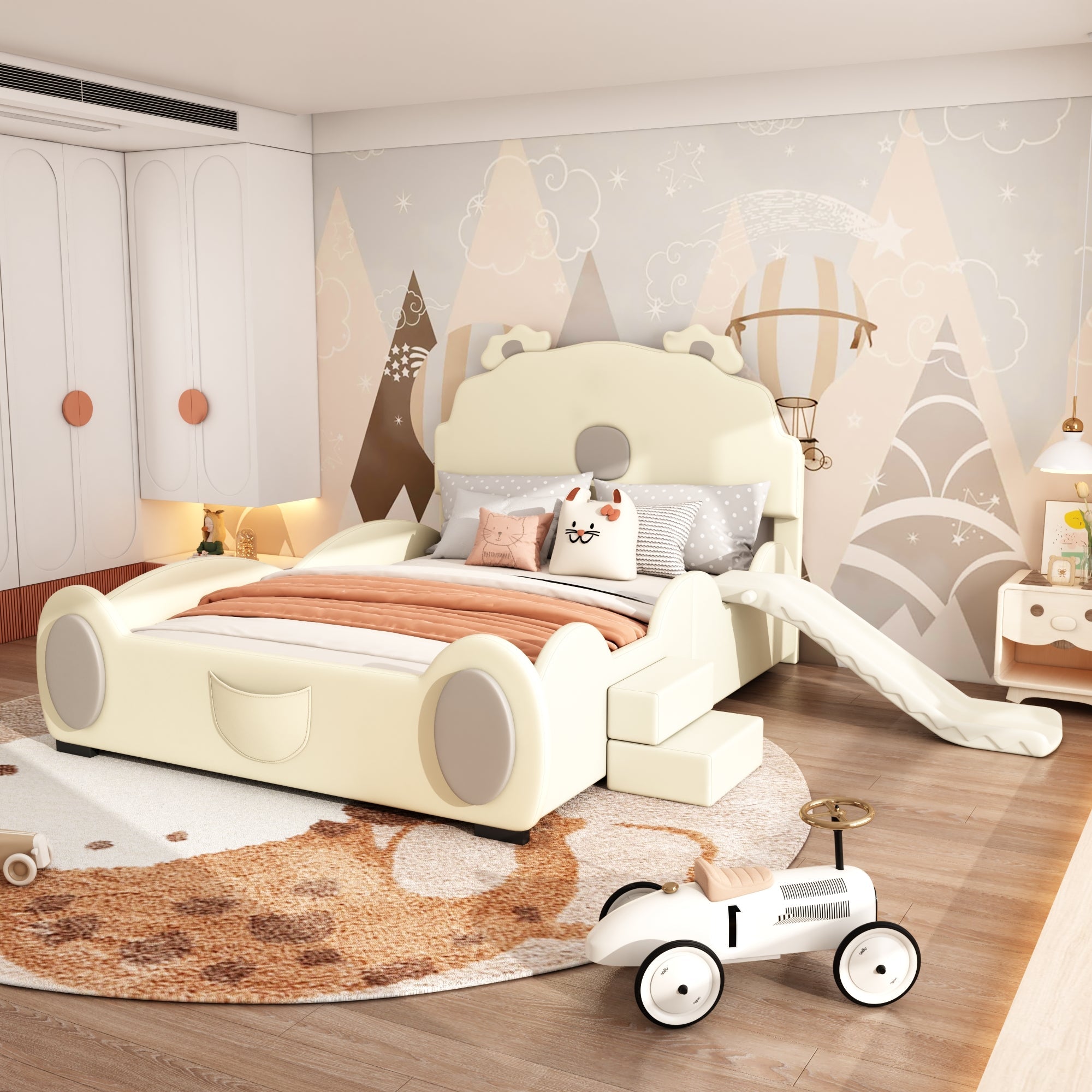 Logidon Cartoon Bear Bed 90x200 cm With Slide And Ladder Beige
