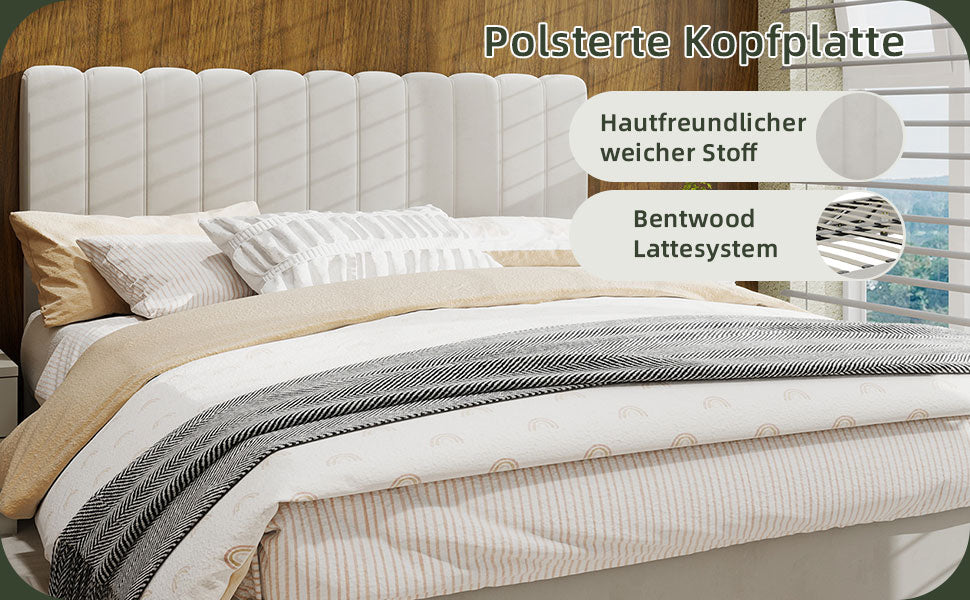 Logidon 160x200 cm gewatteerd bed beige met gasveer opbergruimte