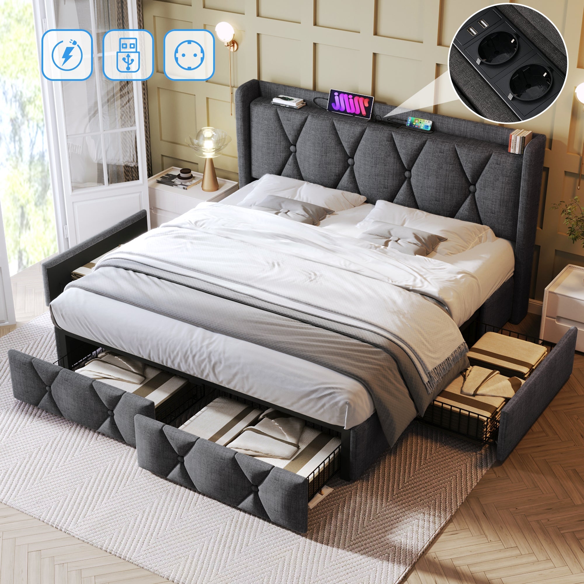 Logidon upholstered bed 140x200cm gray with USB charging function 4 drawers