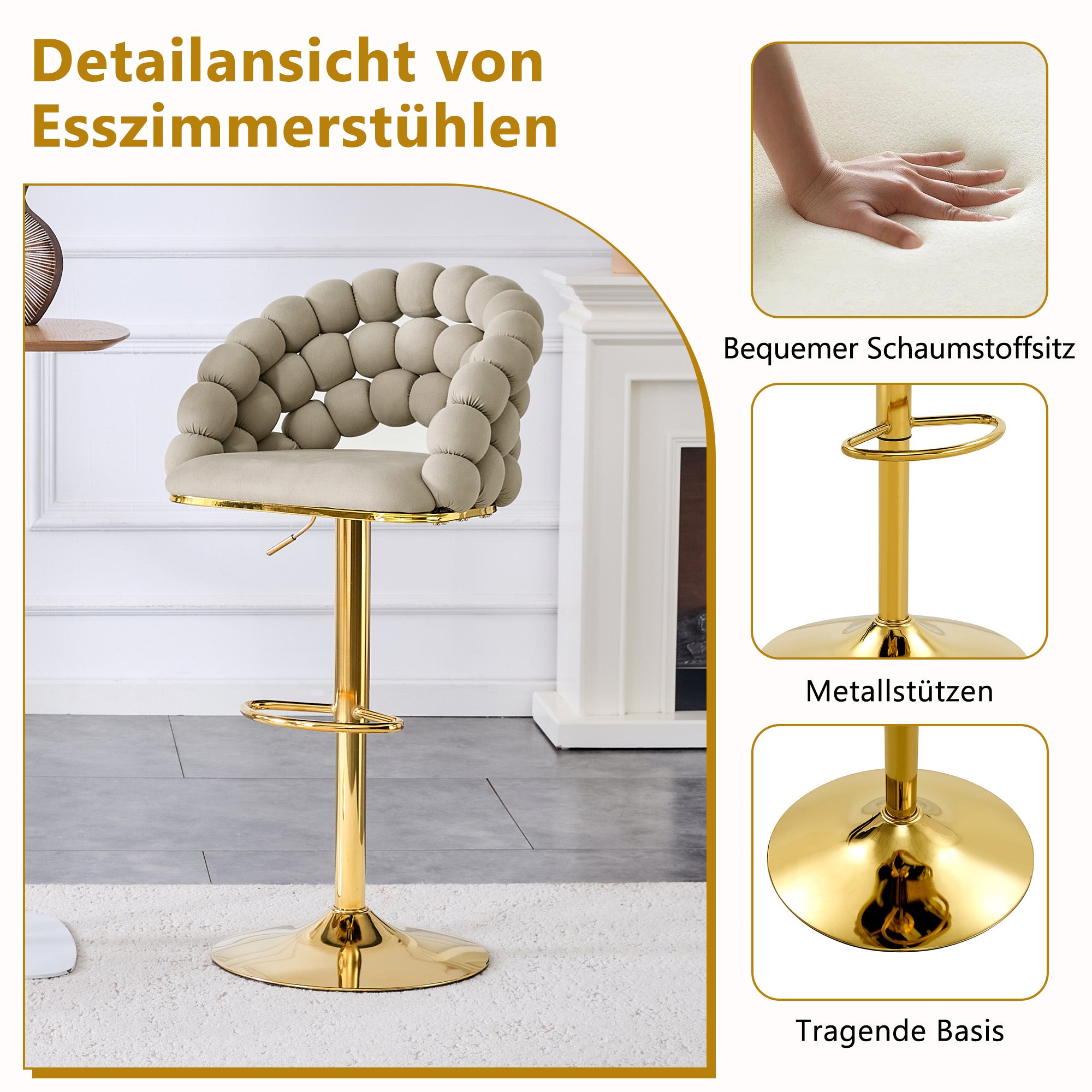 Logidon grijze fluwelen barkrukken set van 2 kogelketting rugleuning gouden frame