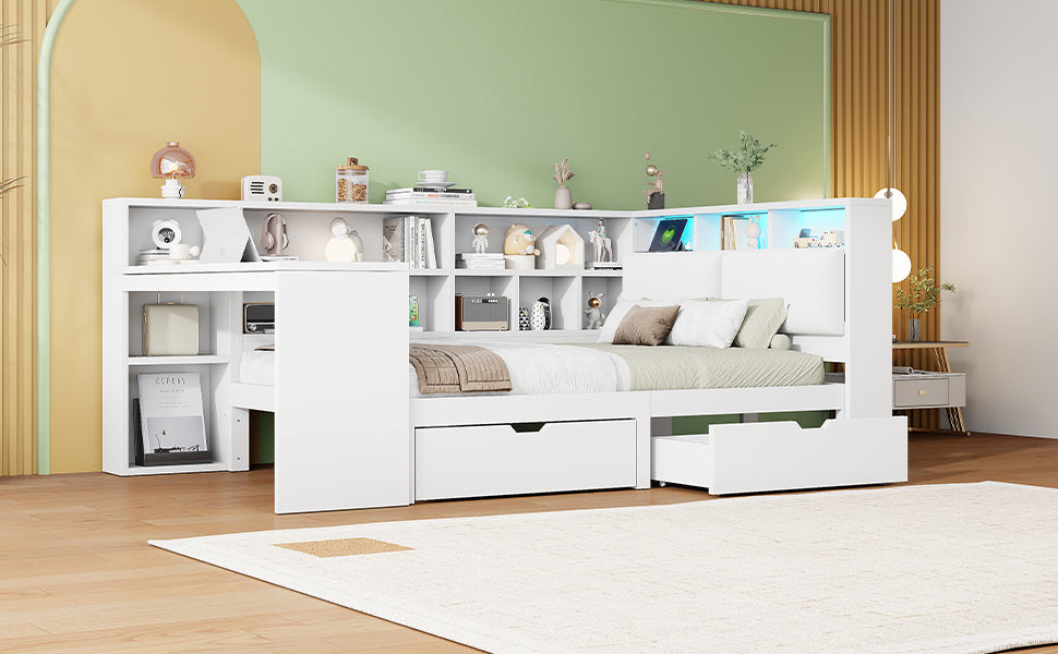Logidon Hoekbed 140x200 L-vorm met Bureau Boekenplank Wit