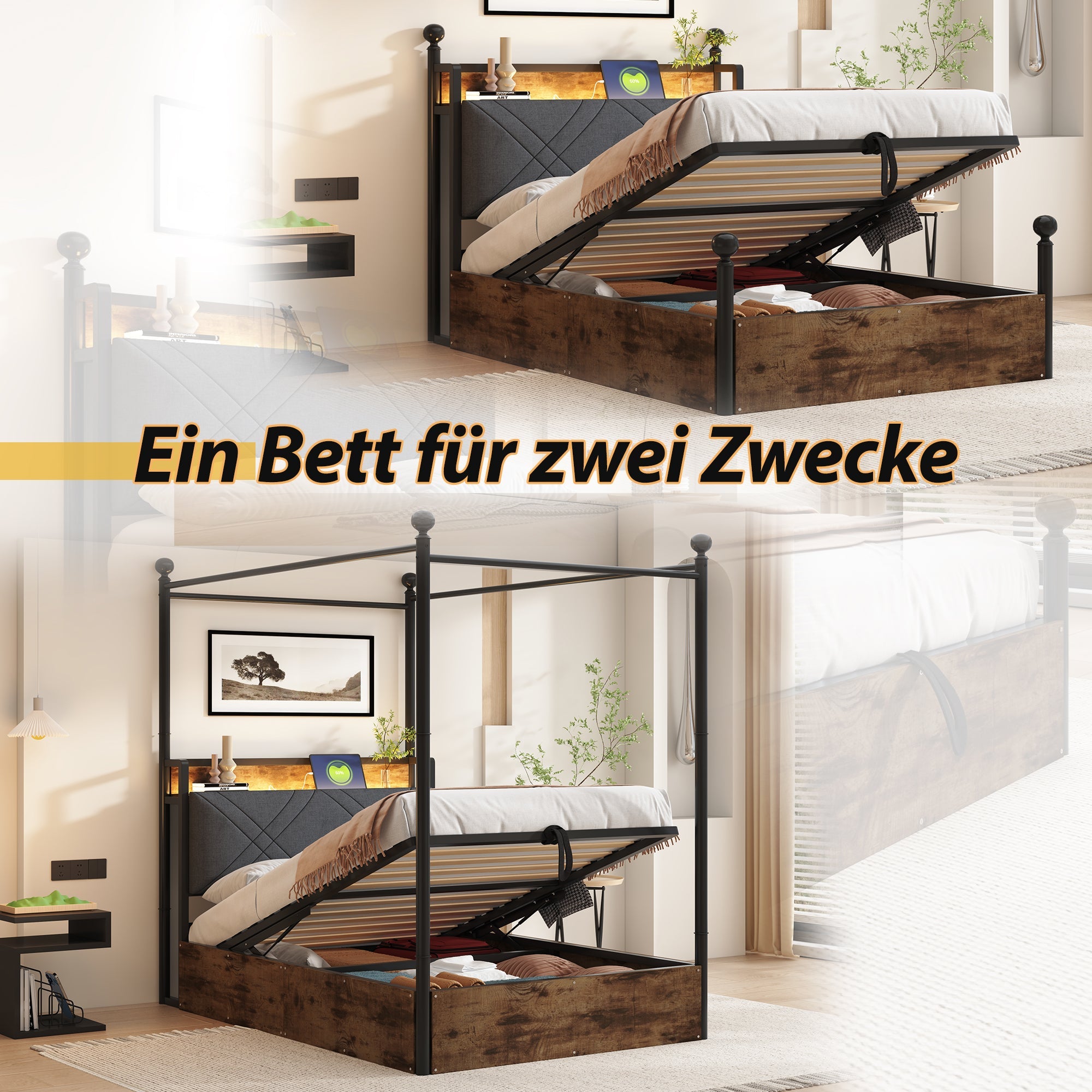Logidon hemelbed 90x190 zwart met opbergruimte hydraulisch LED USB-C
