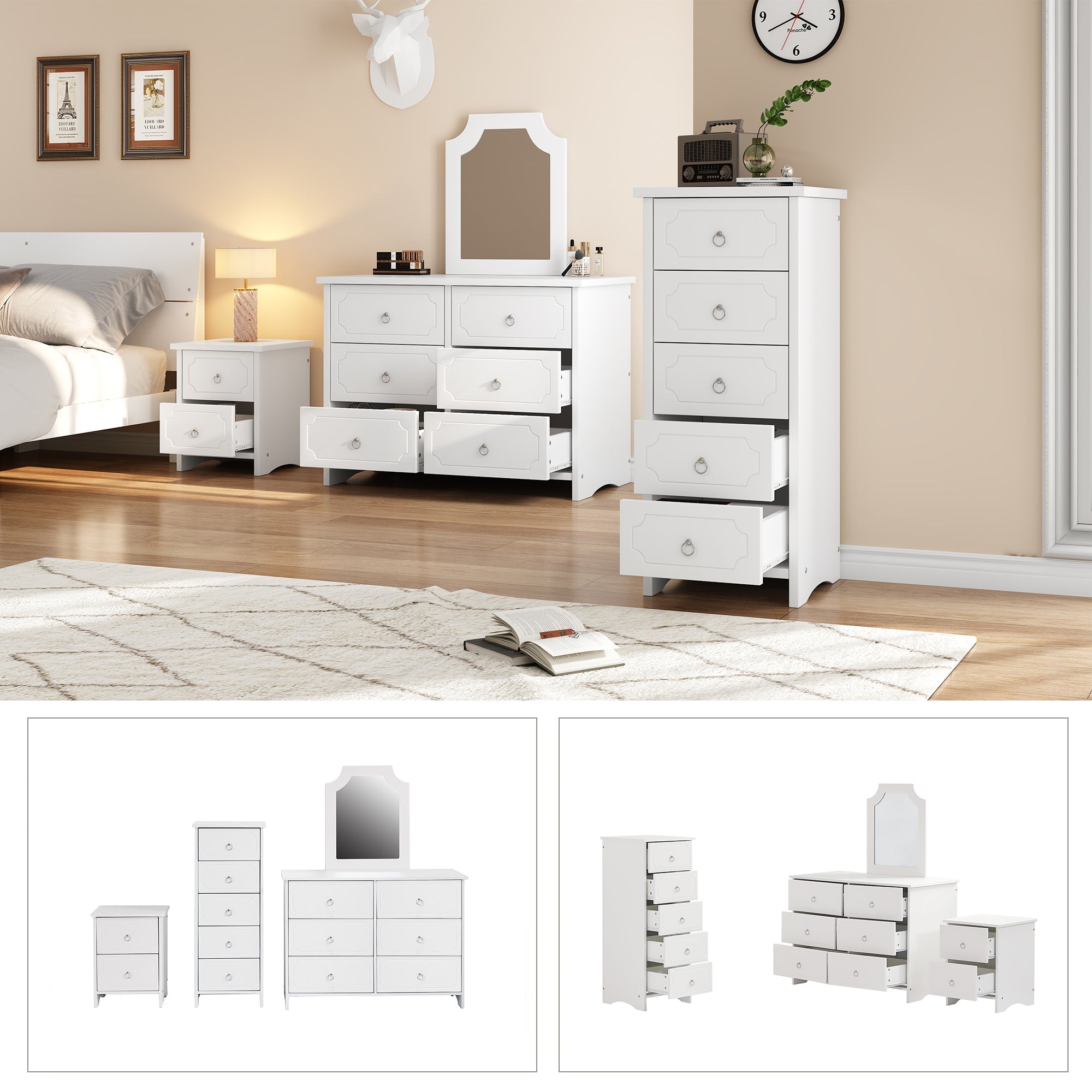 Logidon storage trio white bedside table mirror cabinet and 5 drawers