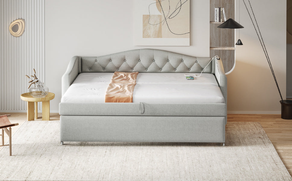 Logidon Upholstered Bed Extendable Sofa Bed 90x200 Gray Linen Fabric USB