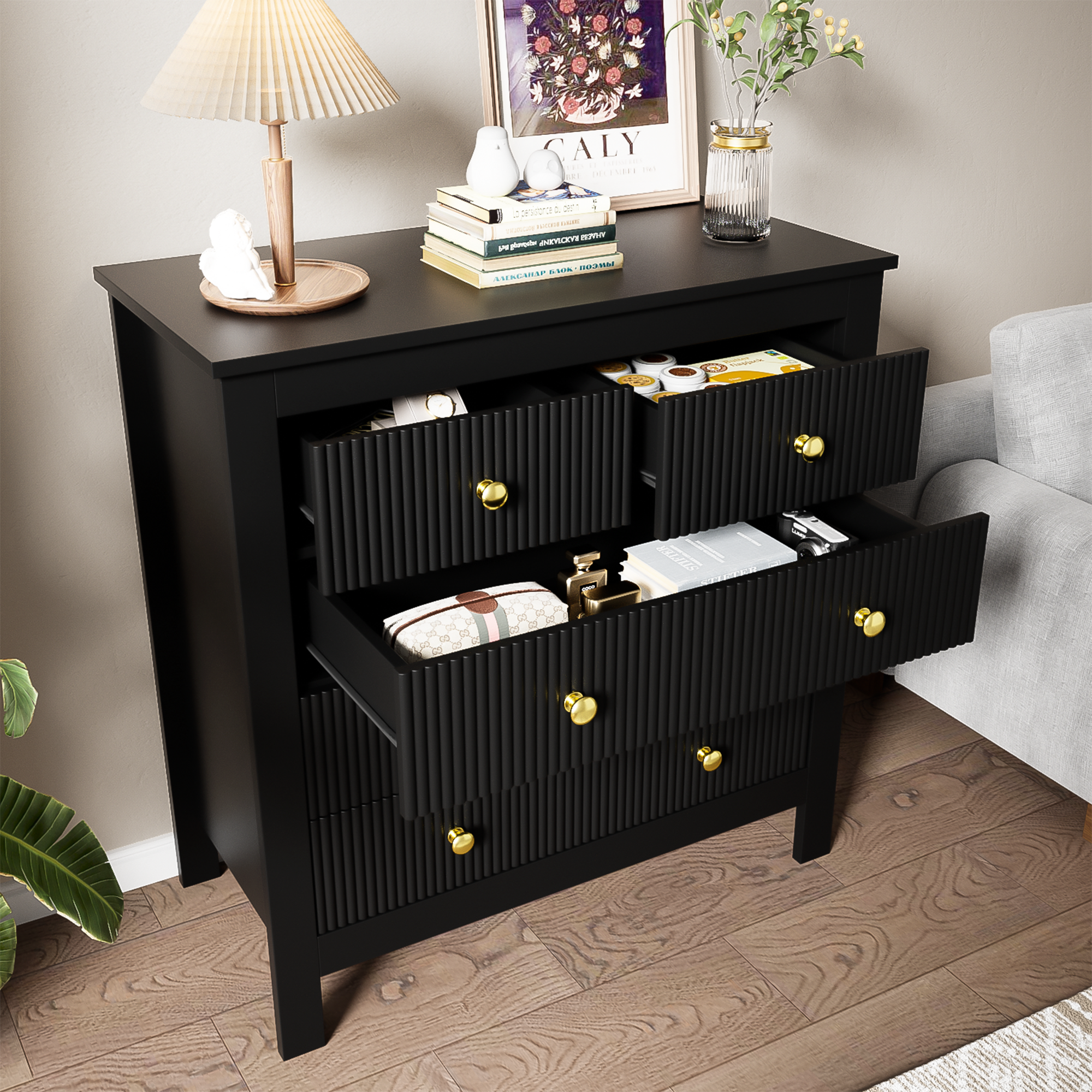 Logidon Dressoir 5 Laden Zwarte Ladekast Met Gouden Handgrepen 79 cm