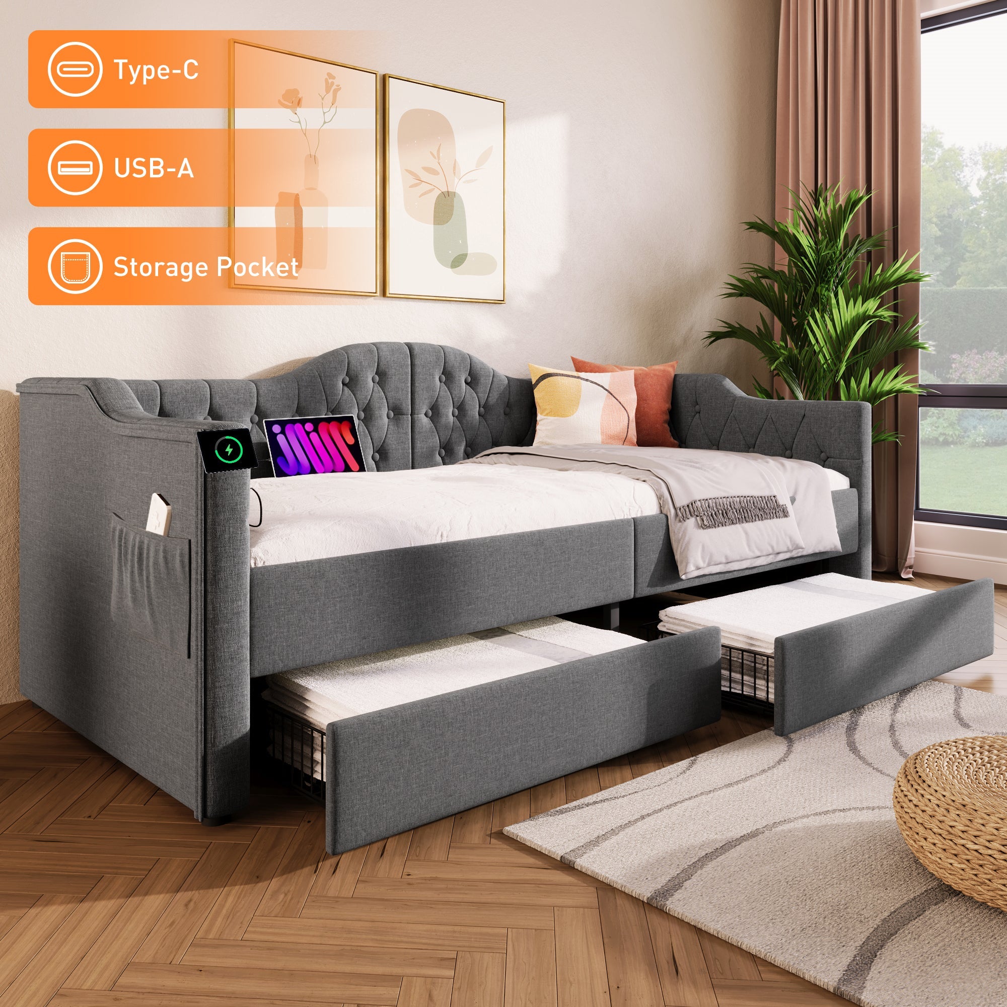 Logidon upholstered daybed 90x200 gray USB-C charging function 2 drawers