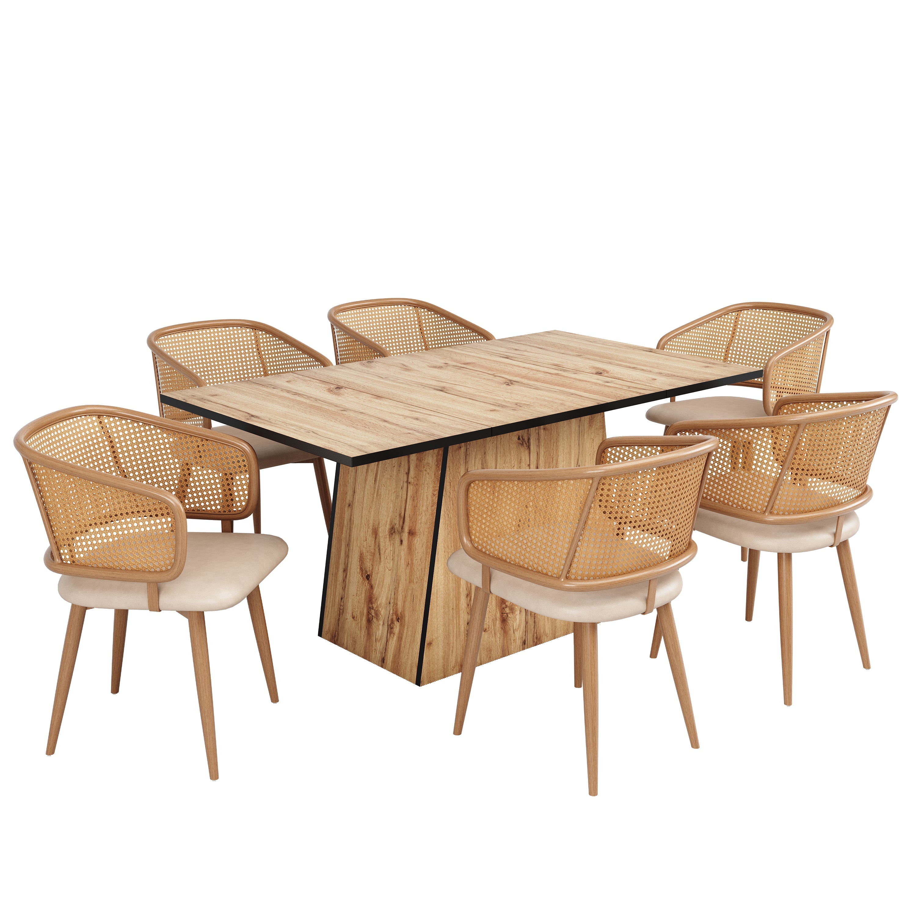 Logidon Stoelenset 6 Rotan Rugleuning PU-leer Zitkussen Beige