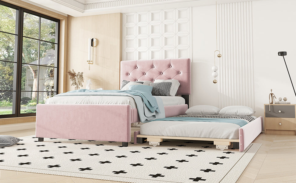 Logidon gestoffeerd bed 90x200 roze fluweel met rolcontainer