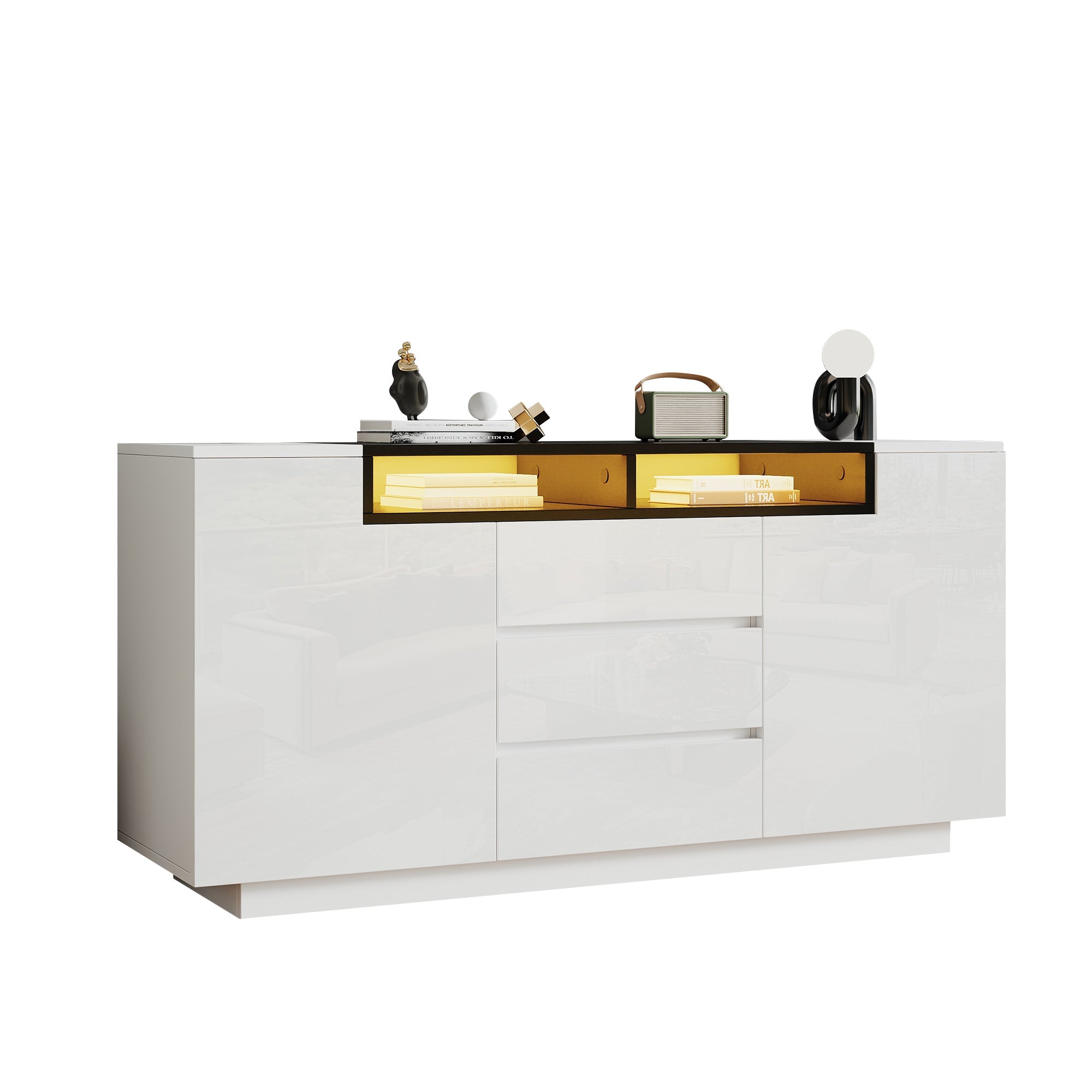 Logidon wit hoogglans dressoir 140 cm met LED, 2 deuren, 3 lades