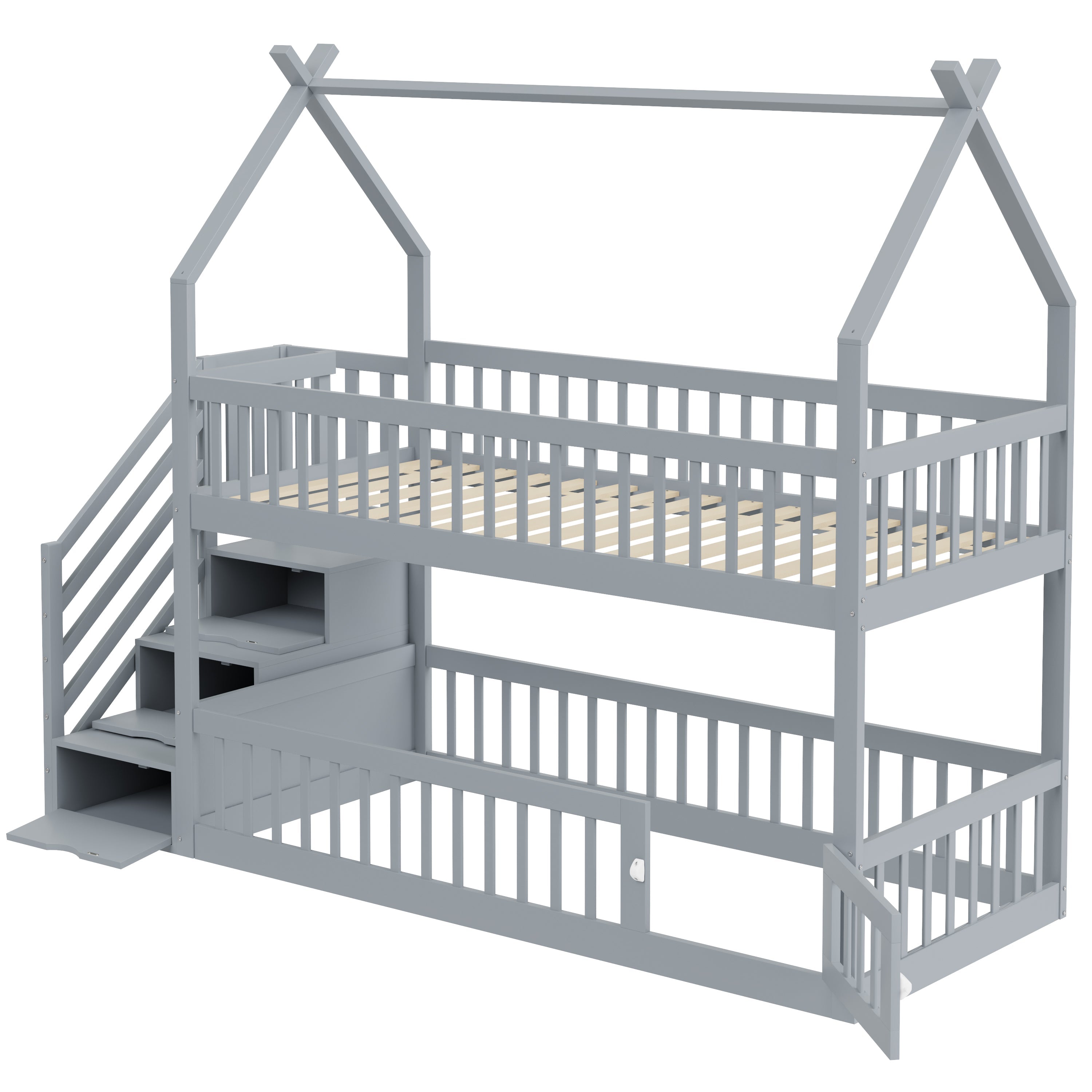 Logidon Bunk Bed 90x200 Gray With Roof Safety Stairs Storage Space