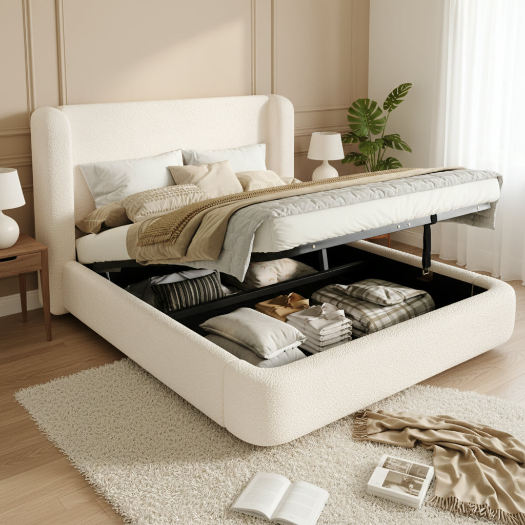 Logidon gestoffeerd bed tweepersoonsbed 160x200 beige bouclé met opbergruimte