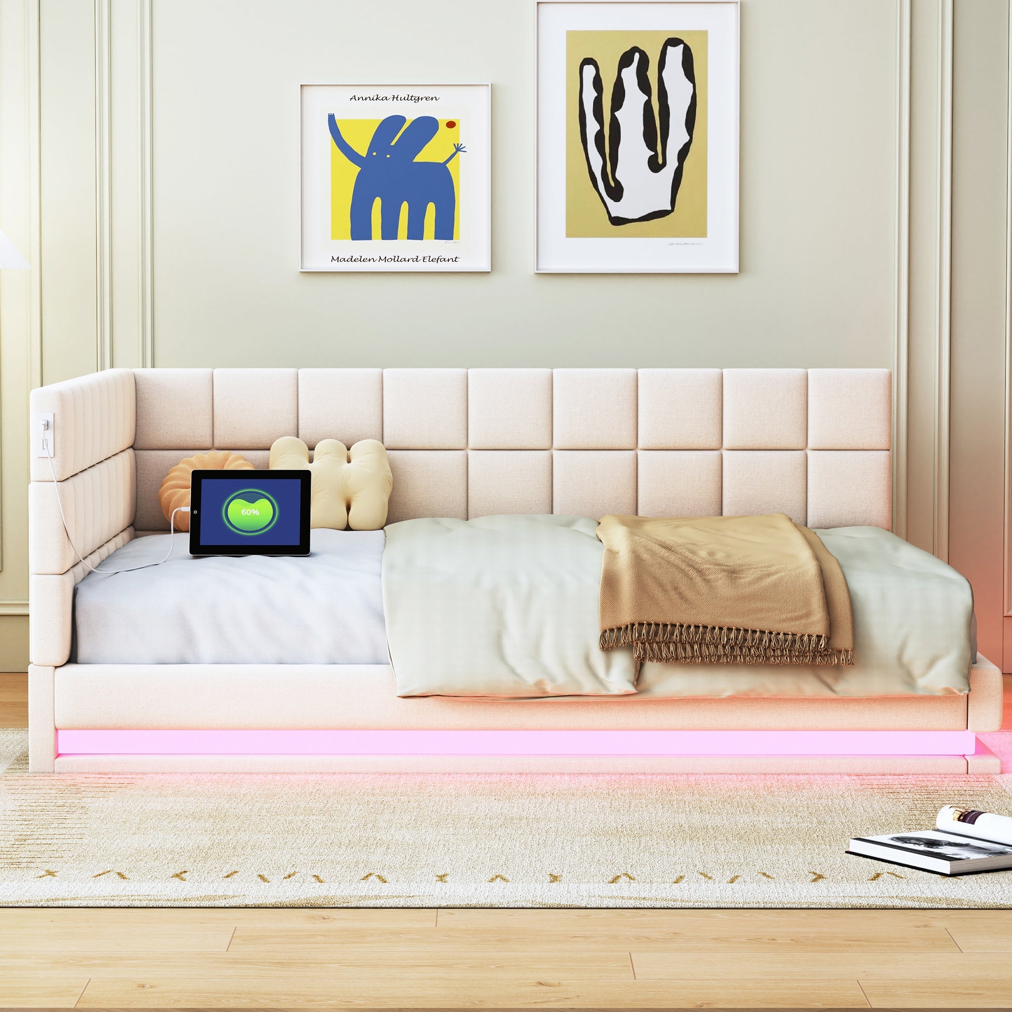 Logidon slaapbank gestoffeerd bed 140x200 beige met LED lichtstrip