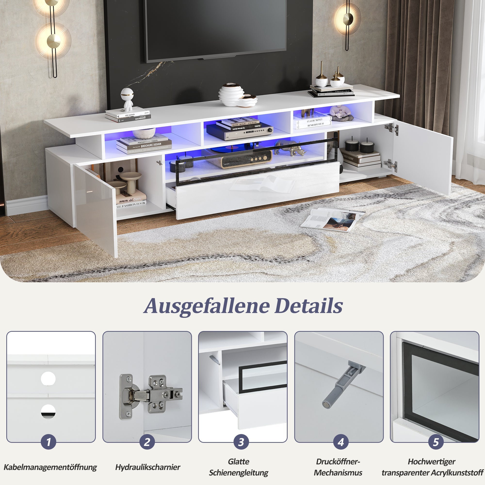 Logidon TV-meubel wit 180x38x45 cm met LED-verlichting 2 deuren 1 lade