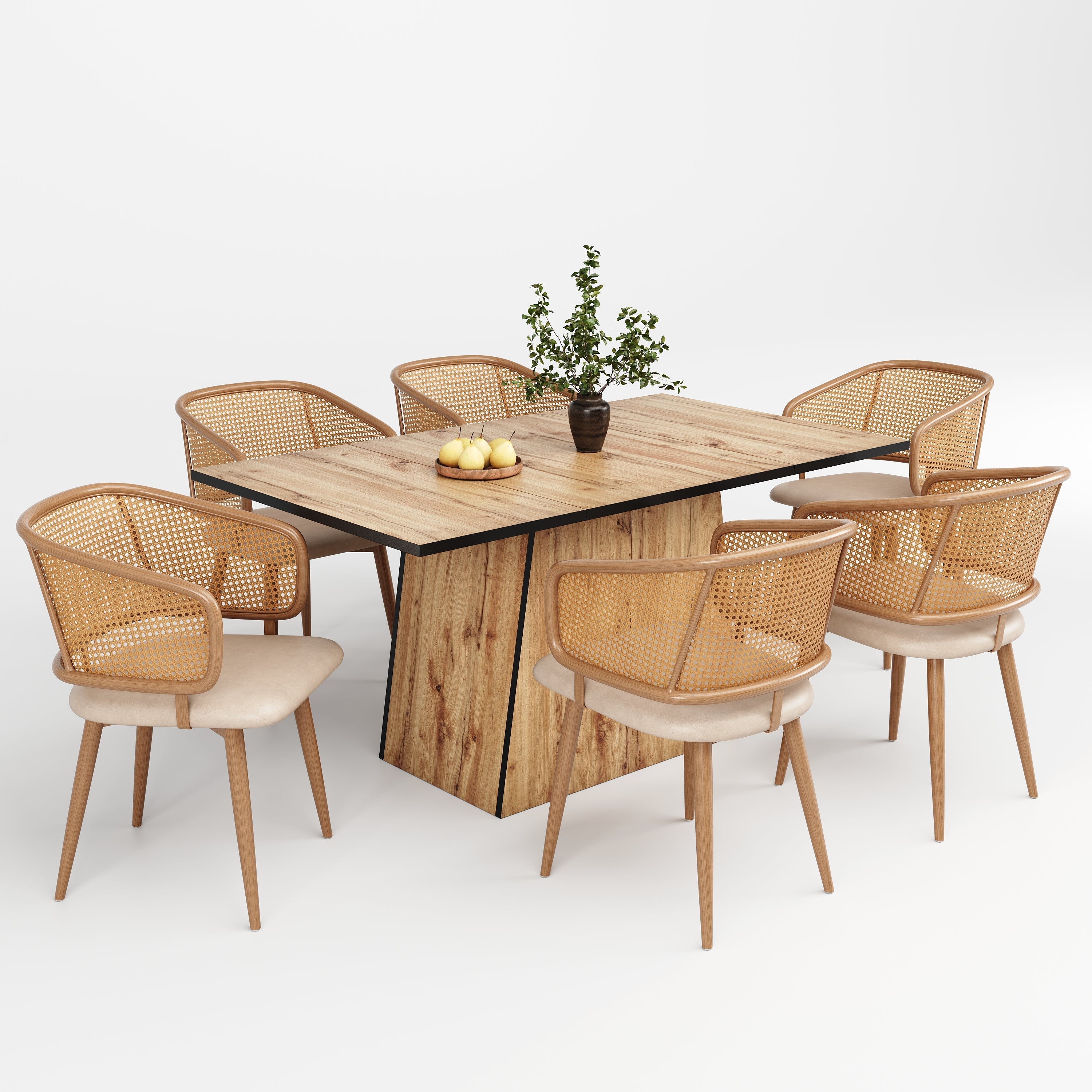 Logidon eetkamerstoelen met rotan rugleuning en PU lederen kussens beige