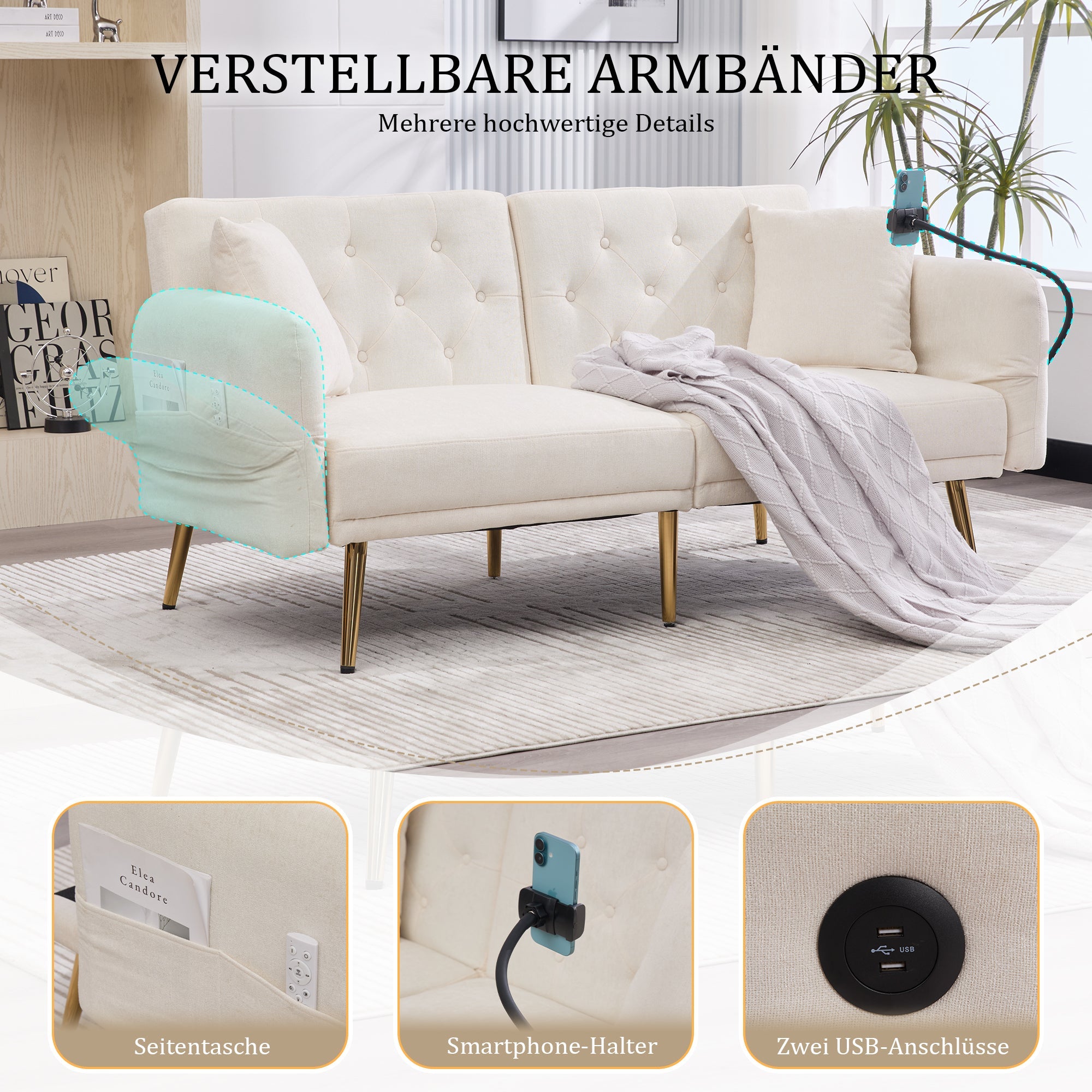 Logidon slaapbank tweezits beige fluweel met verstelbare rugleuning USB