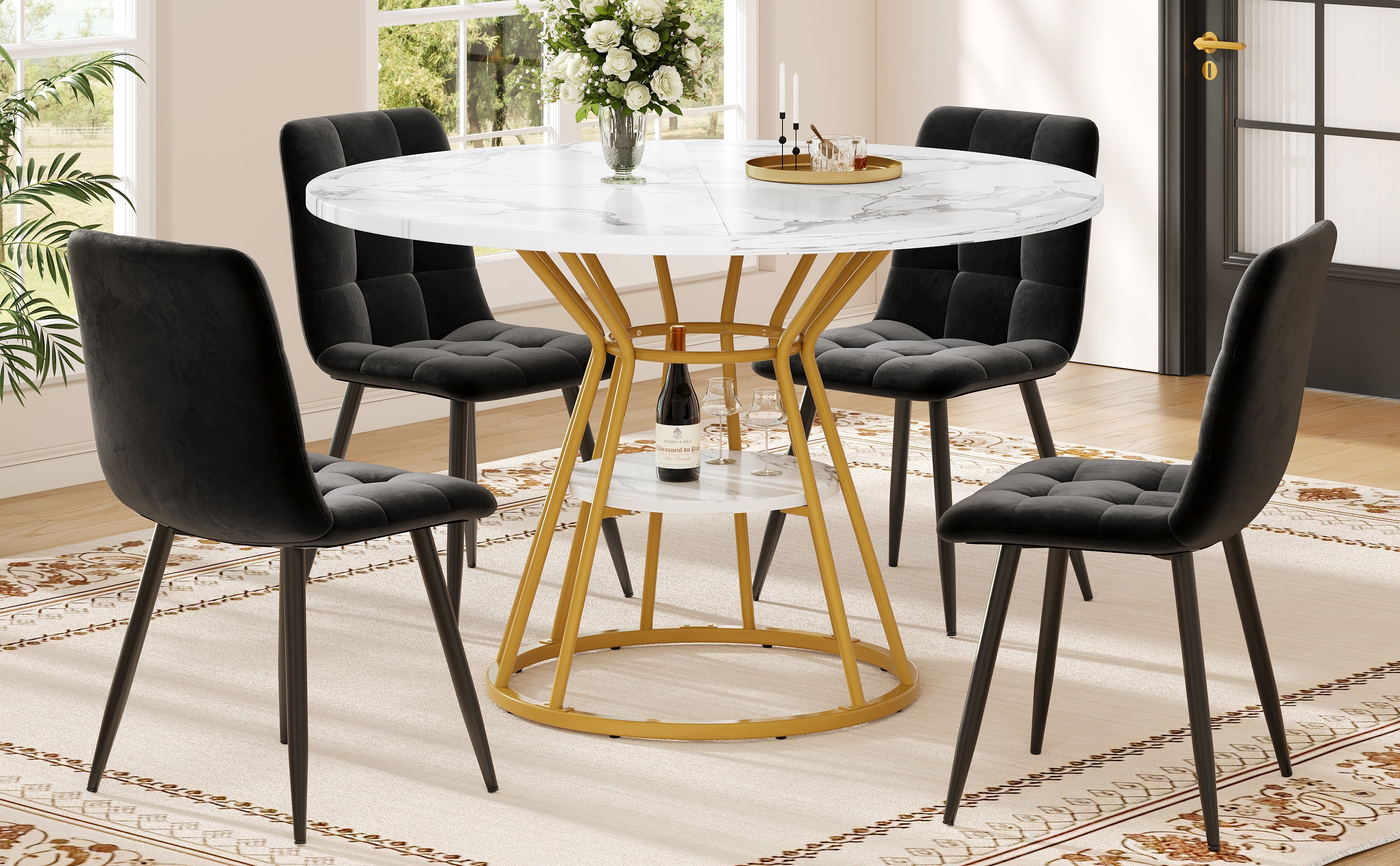 Logidon ronde eettafel 100 cm marmerpatroon gouden metalen poten