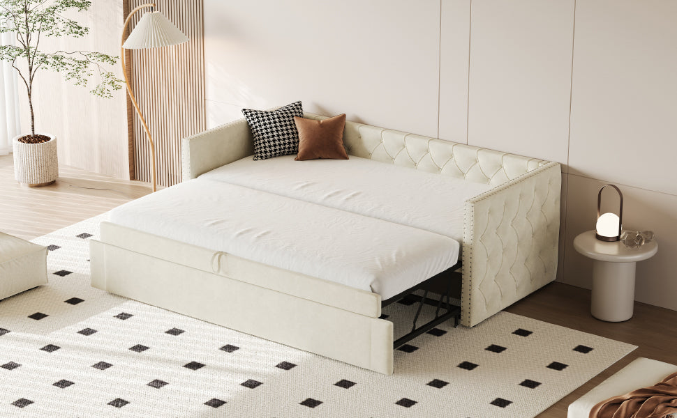 Logidon gestoffeerd bed slaapbank 90x200 beige fluwelen lattenbodem