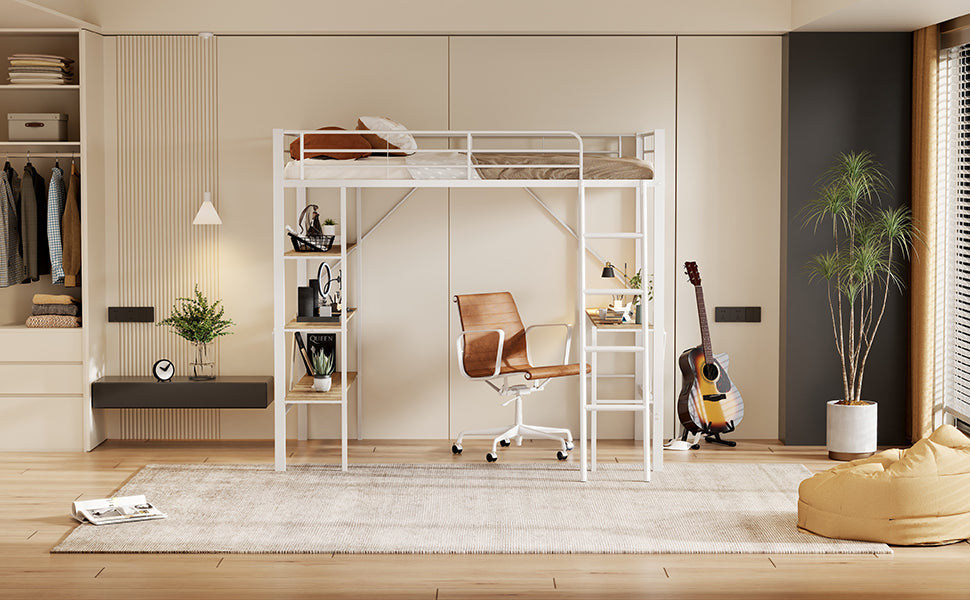 Logidon 90x200 cm metalen hoogslaper met bureauplanken wit