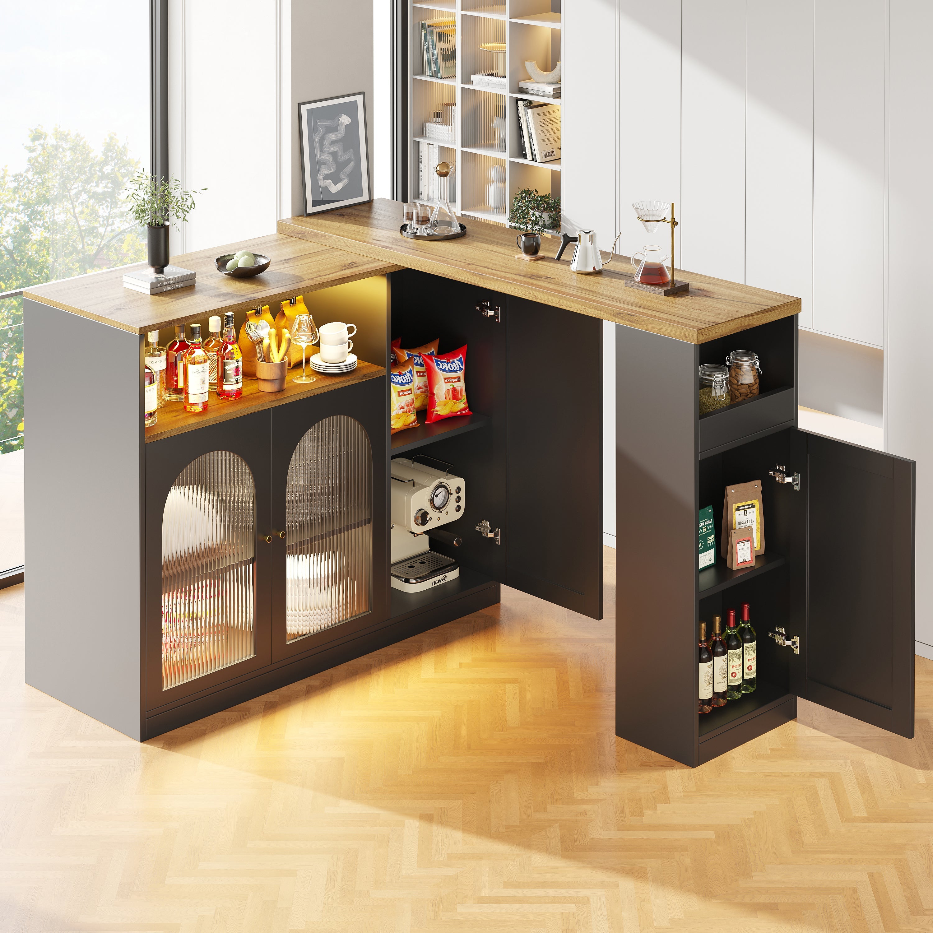 Logidon Draaibare Bartafel Mat Zwart 198x39x97 cm Met LED Glazen Deur