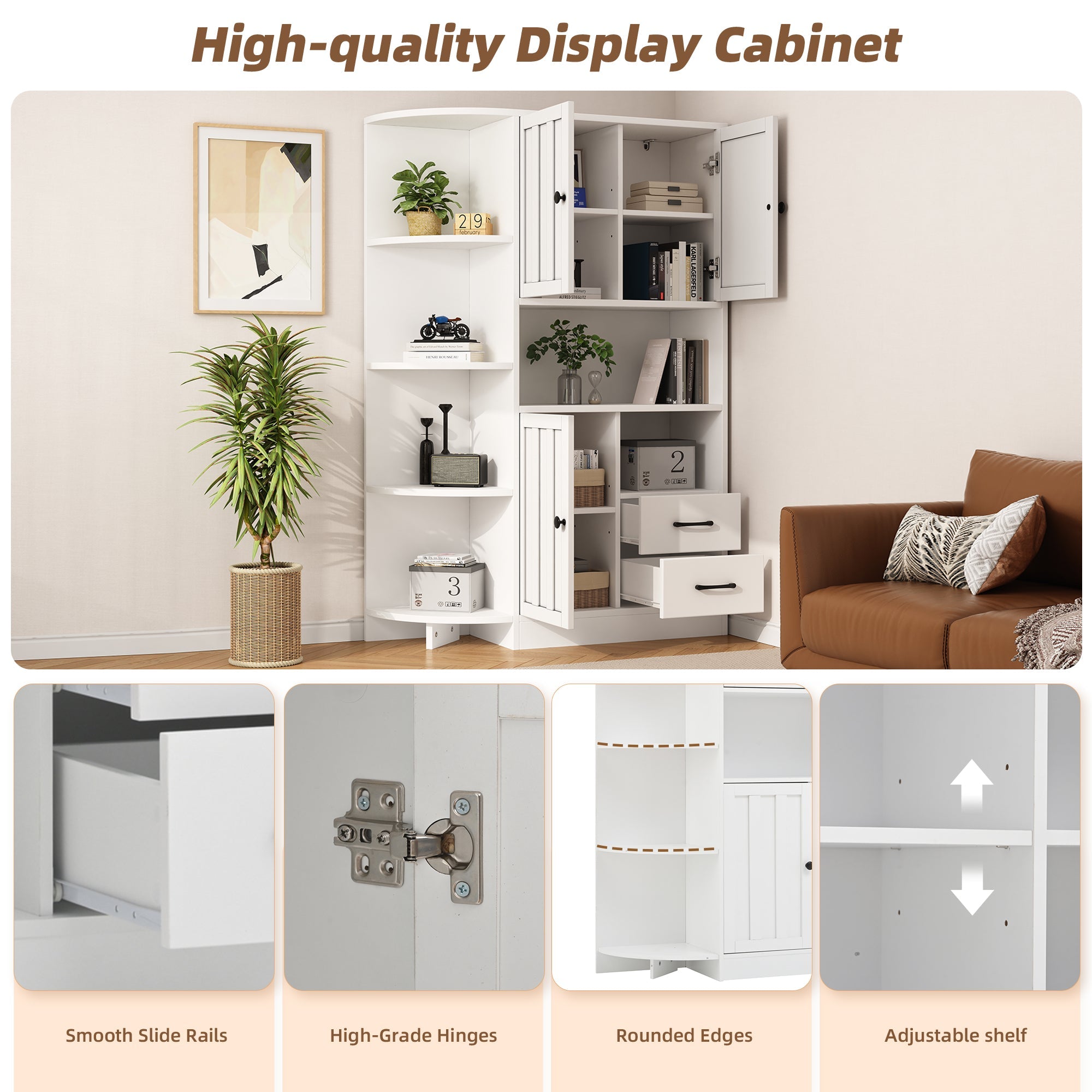 Logidon corner cabinet white 104x35x155 cm display cabinet 3 doors 2 drawers
