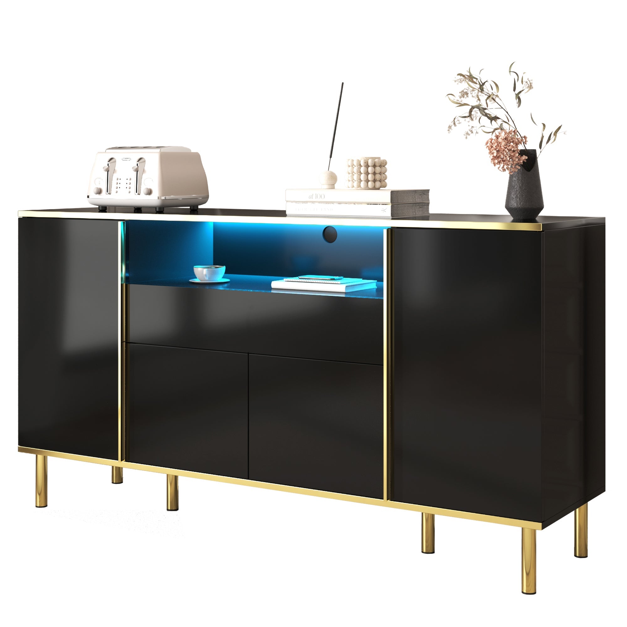 Logidon high-gloss sideboard black 150x40x80 with LED accents