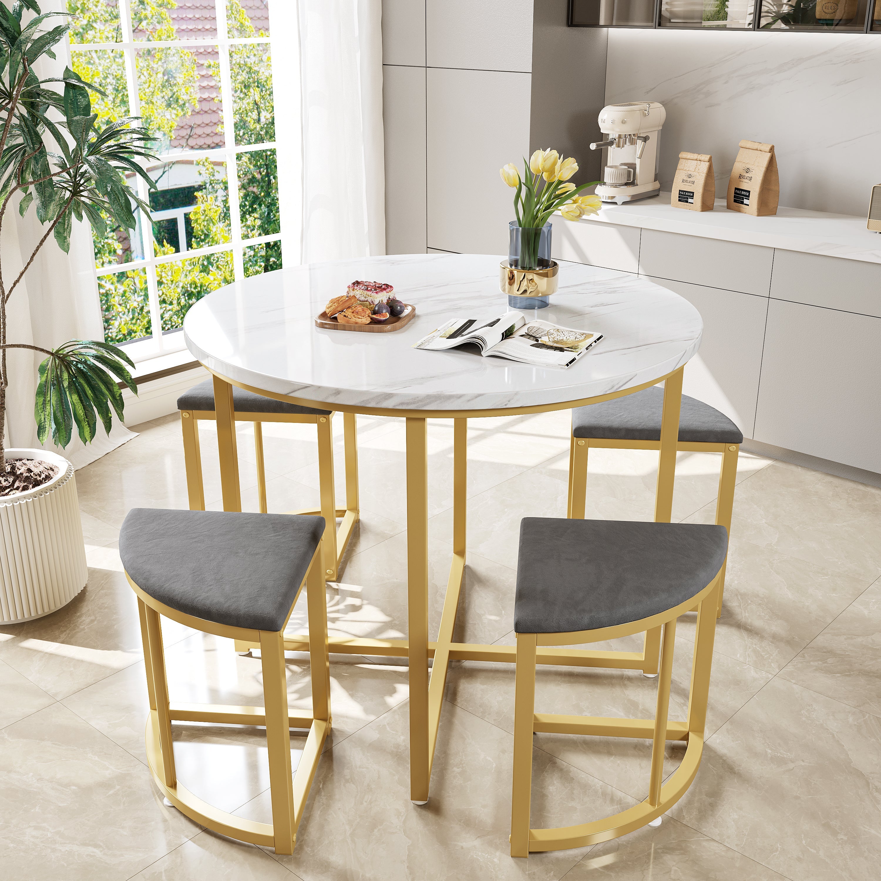 Logidon eettafelset grijs fluweel, 80x80 cm, gouden frame, 4 stoelen