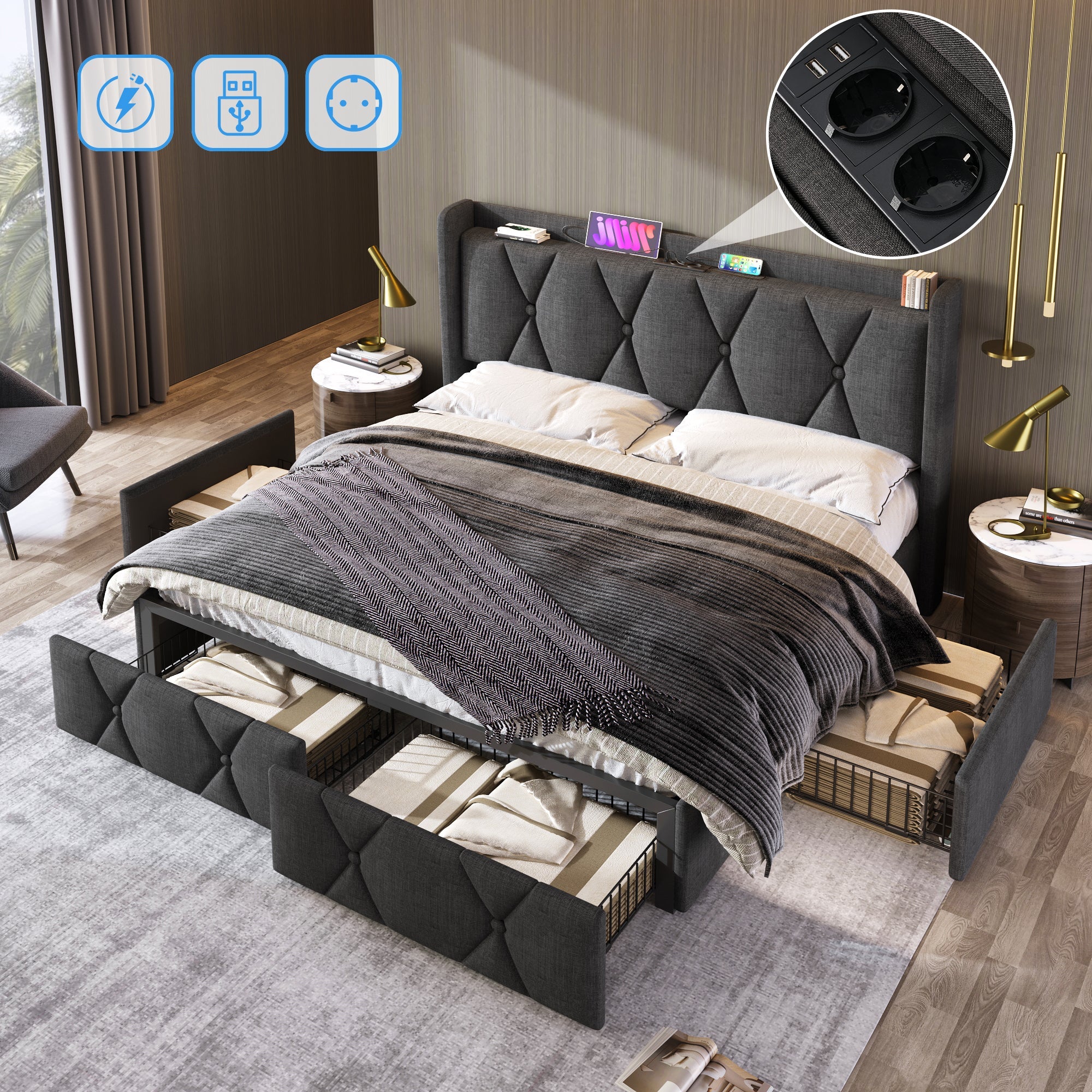Logidon upholstered bed 140x200cm gray with USB charging function 4 drawers