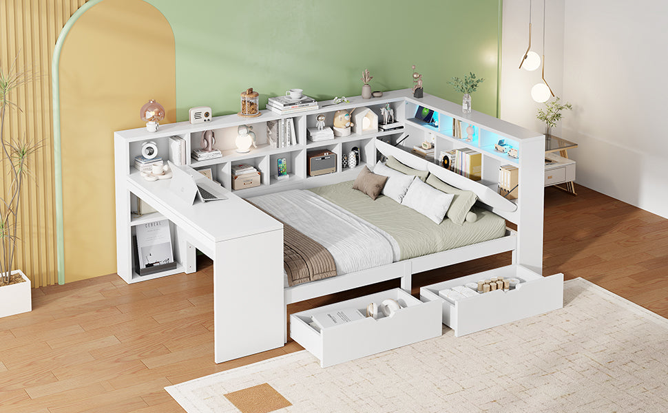 Logidon Hoekbed 140x200 L-vorm met Bureau Boekenplank Wit
